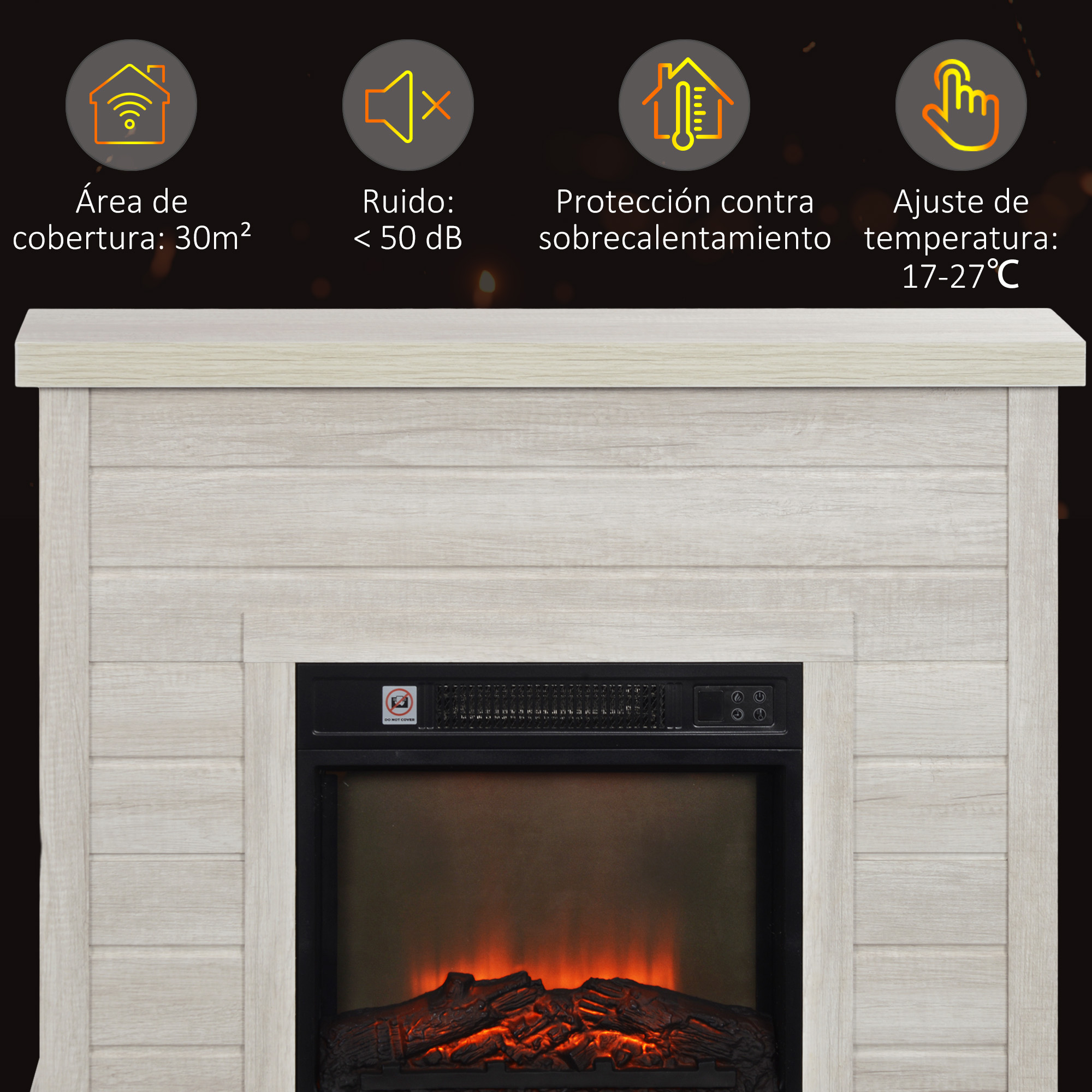 Chimenea eléctrica con repisa de madera y cuatro iconos de características.