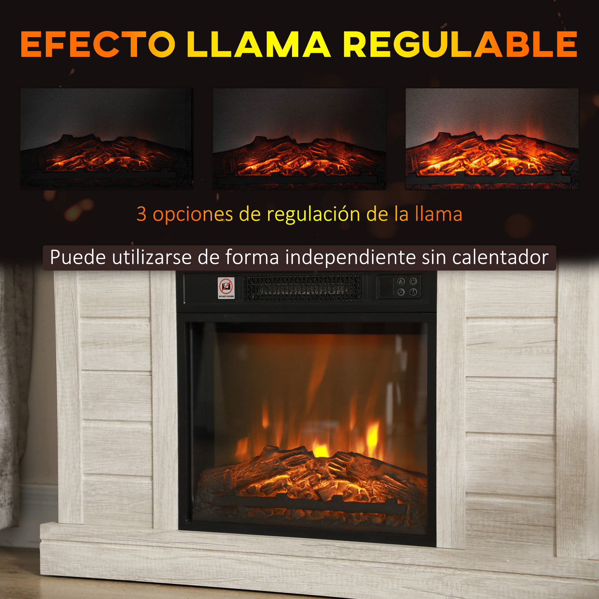 Chimenea electrica con efecto de llama regulable y diseño de madera clara.