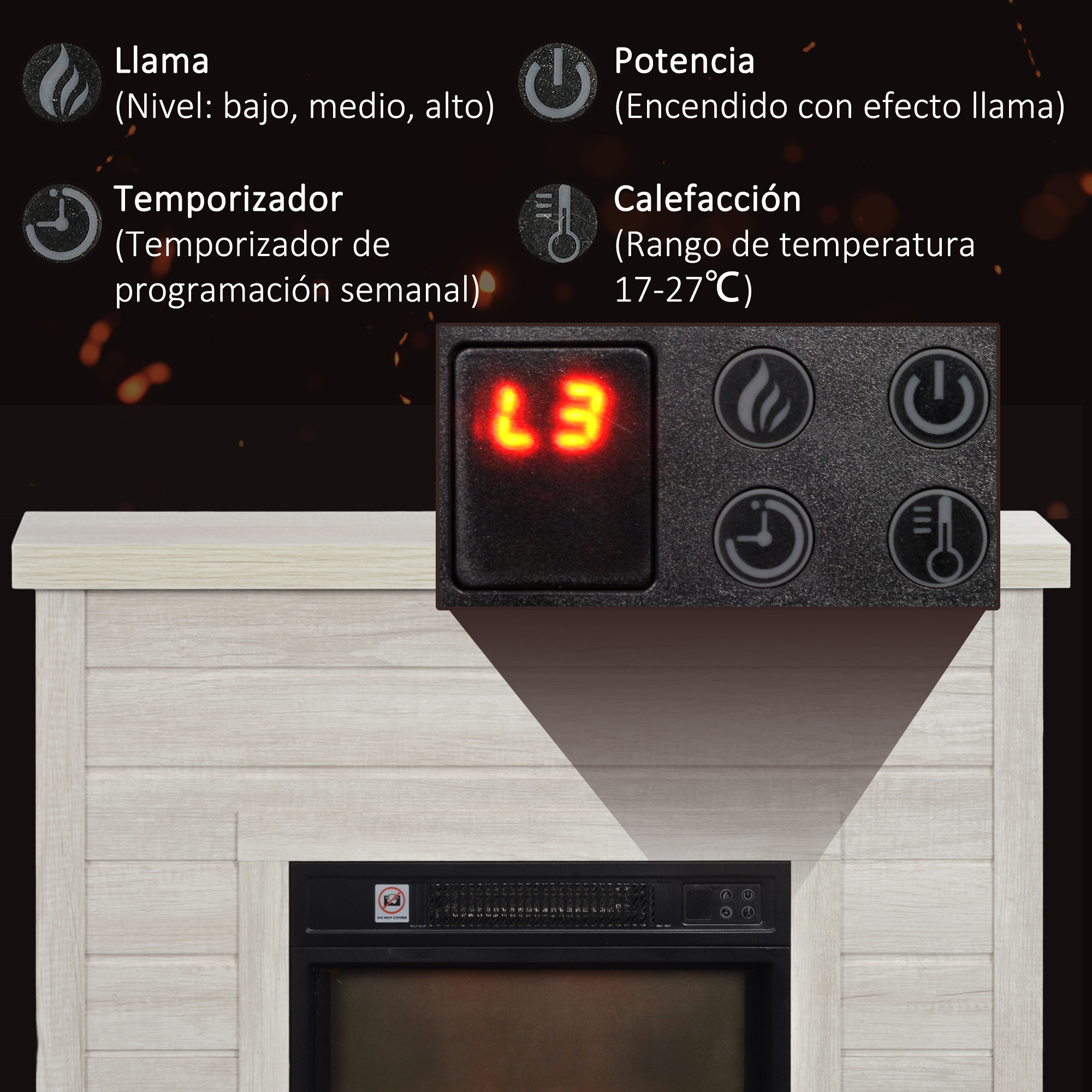 Panel de control de una chimenea eléctrica con pantalla LED y botones para llama, temporizador y temperatura.