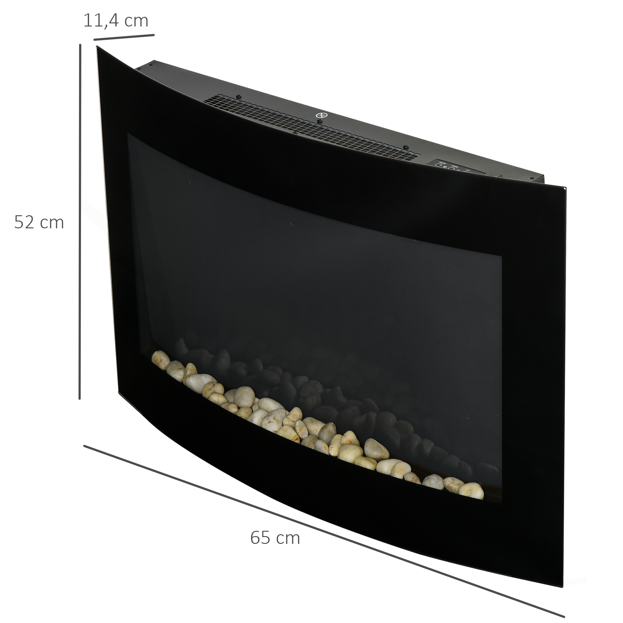 Chimenea eléctrica de pared negra con vidrio curvo, piedras decorativas y etiquetas de dimensiones.
