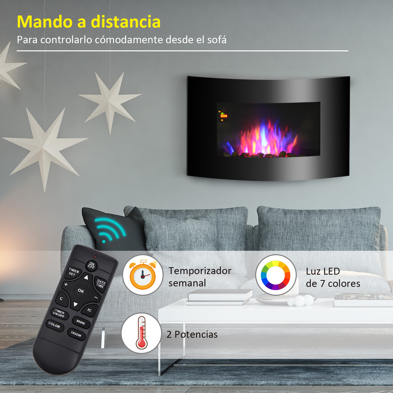 Chimenea de pared con llama LED de colores sobre sofá, mando e iconos muestran temporizador, colores LED y 2 potencias.