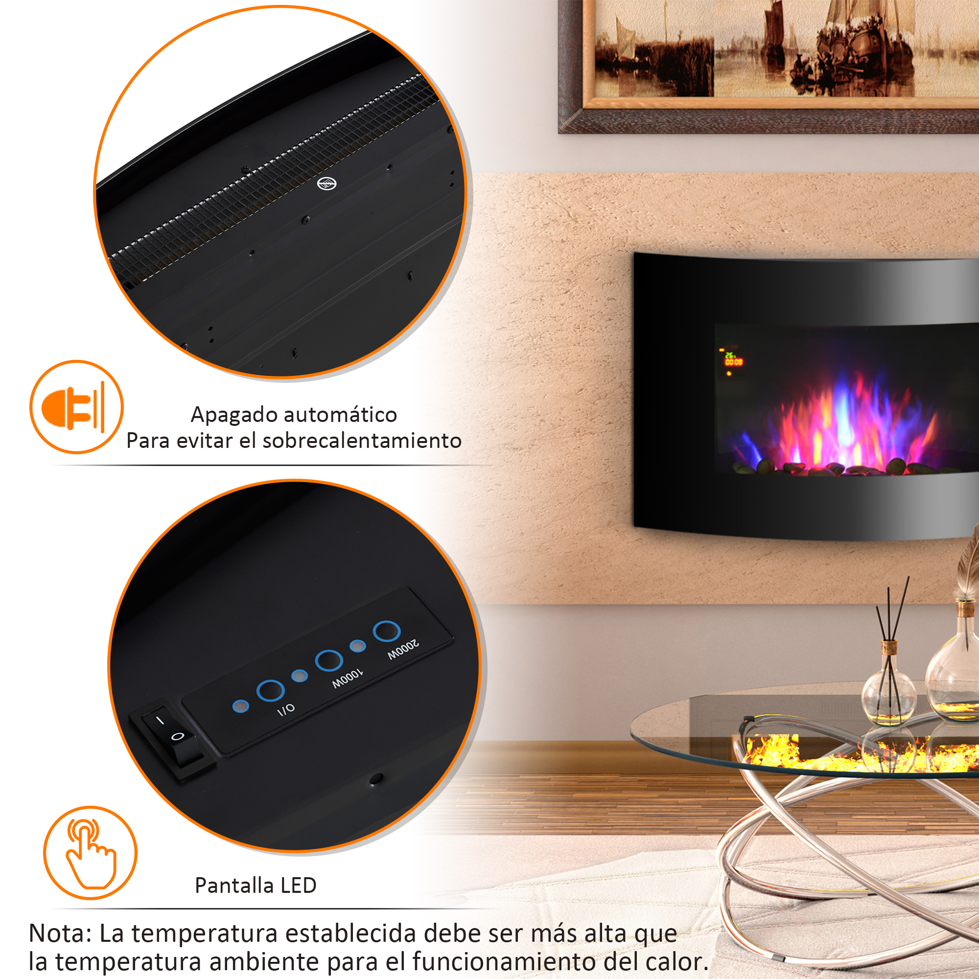 Chimenea de pared con llamas LED, detalles de apagado automático y botones de control.