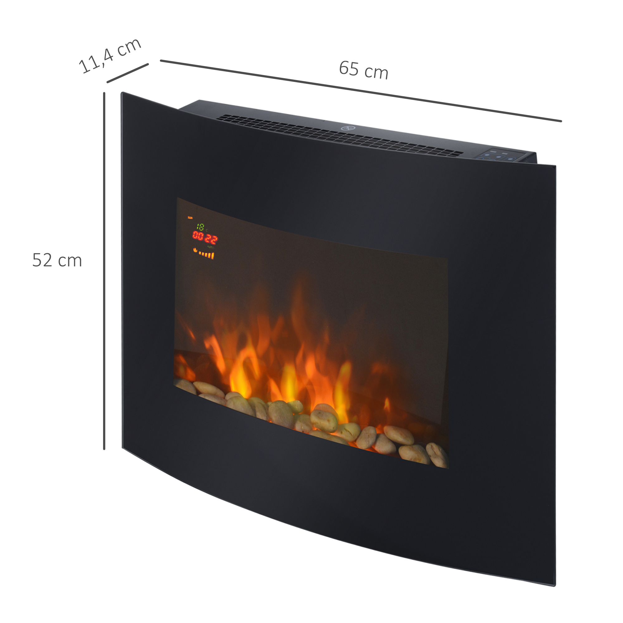 Chimenea eléctrica de pared negra con efecto llama, piedras y medidas 65x52x11,4 cm.