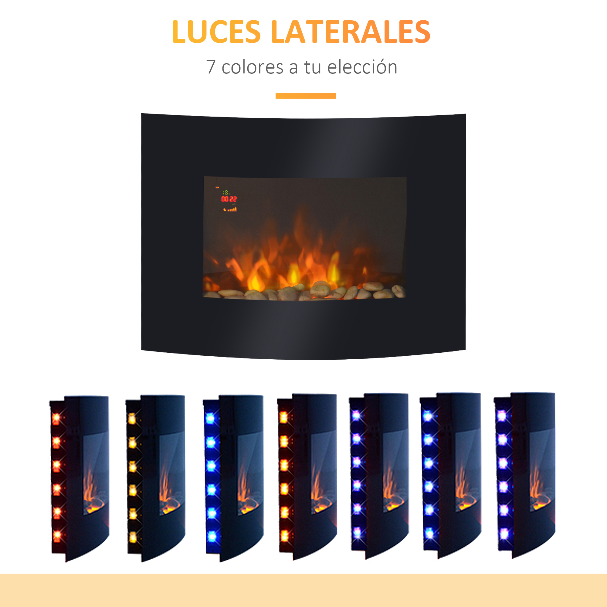 Chimenea eléctrica de pared con fuego artificial y 7 luces laterales de colores.
