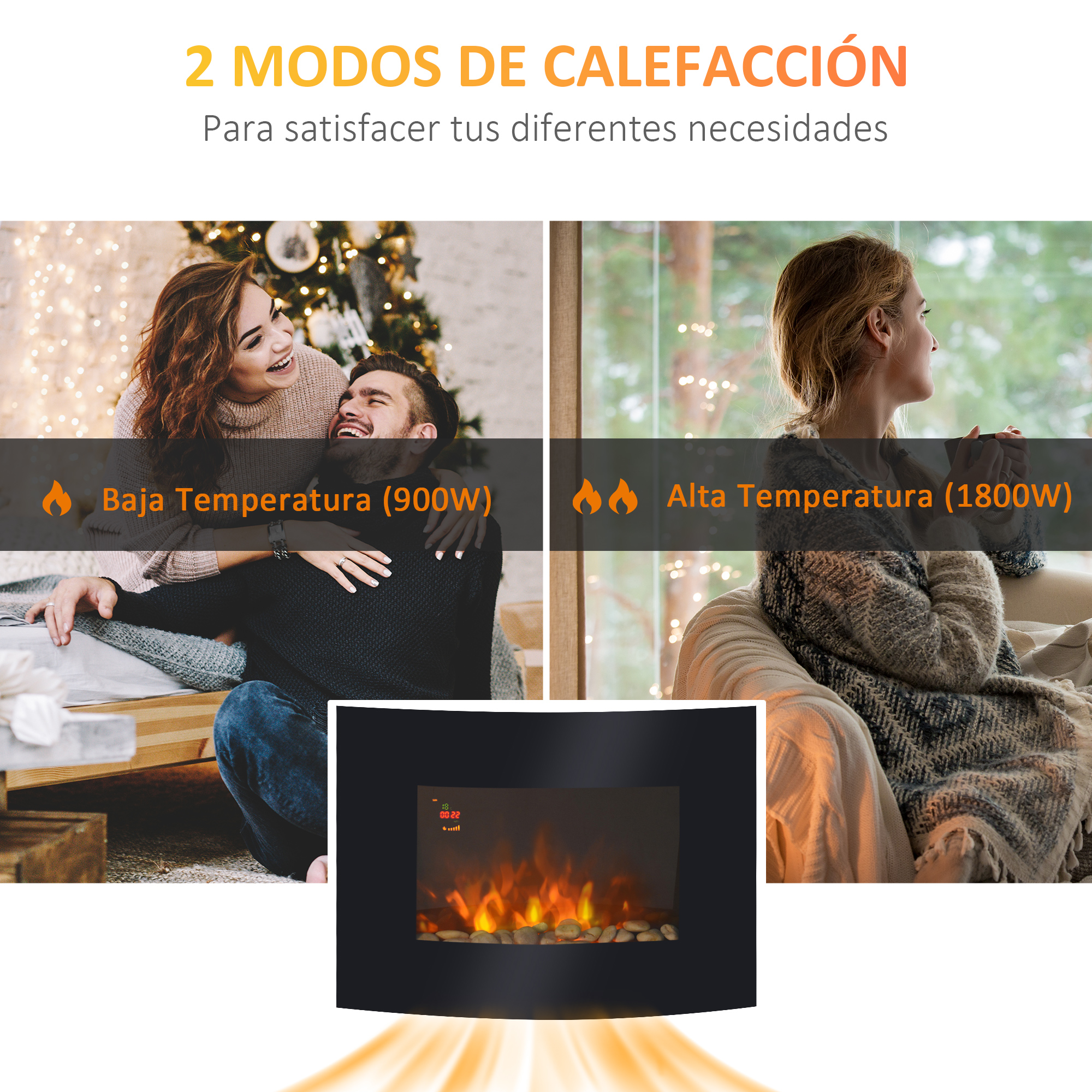 Calefactor con dos modos: Baja temperatura (900W) y Alta temperatura (1800W).