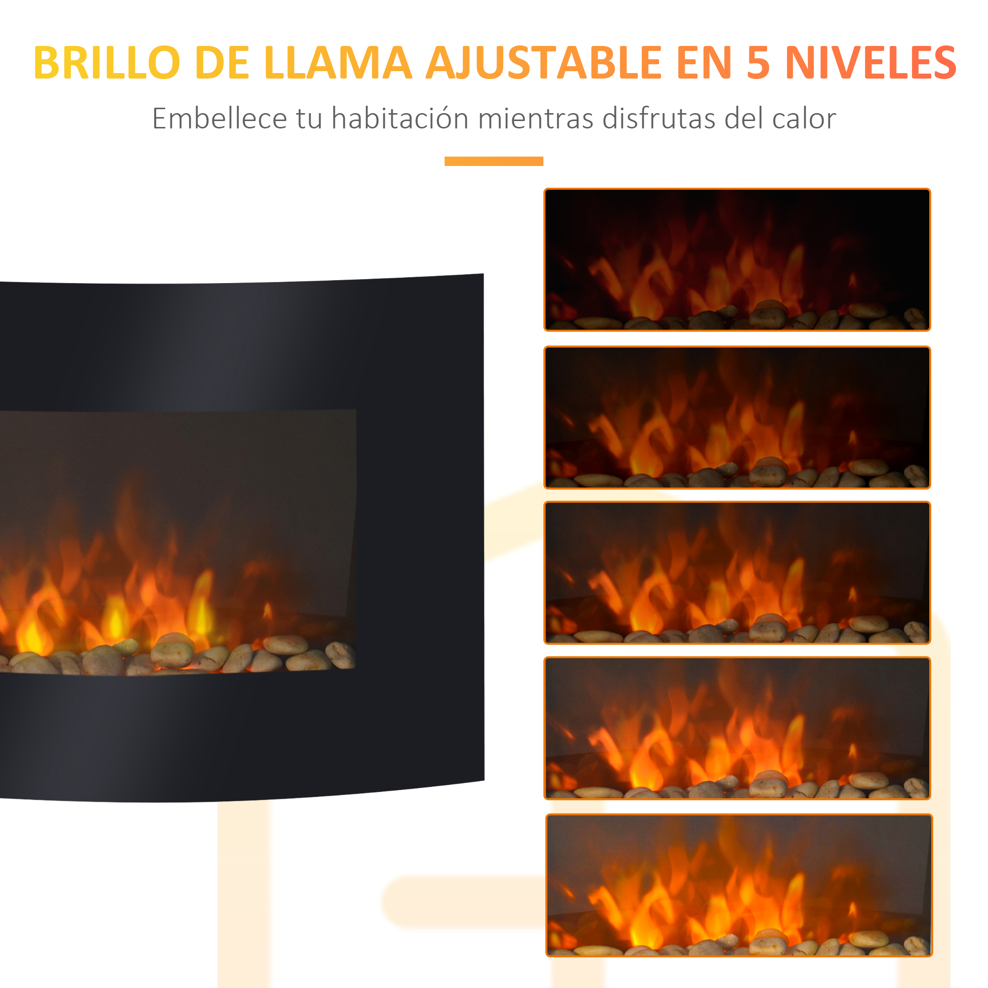 Chimenea eléctrica con niveles de brillo de llama ajustables mostrados en cinco imágenes.