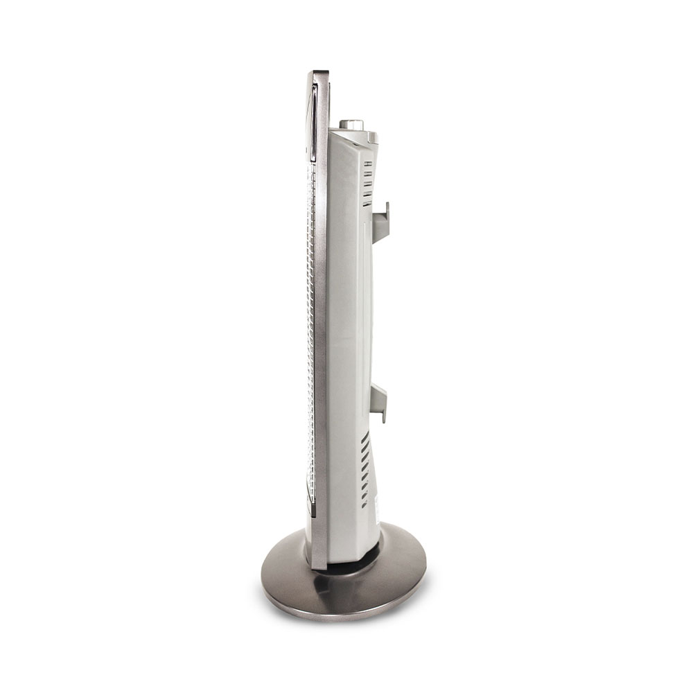 Vue latérale d'un radiateur soufflant tour électrique avec une base ronde et un boîtier gris sur fond blanc.
