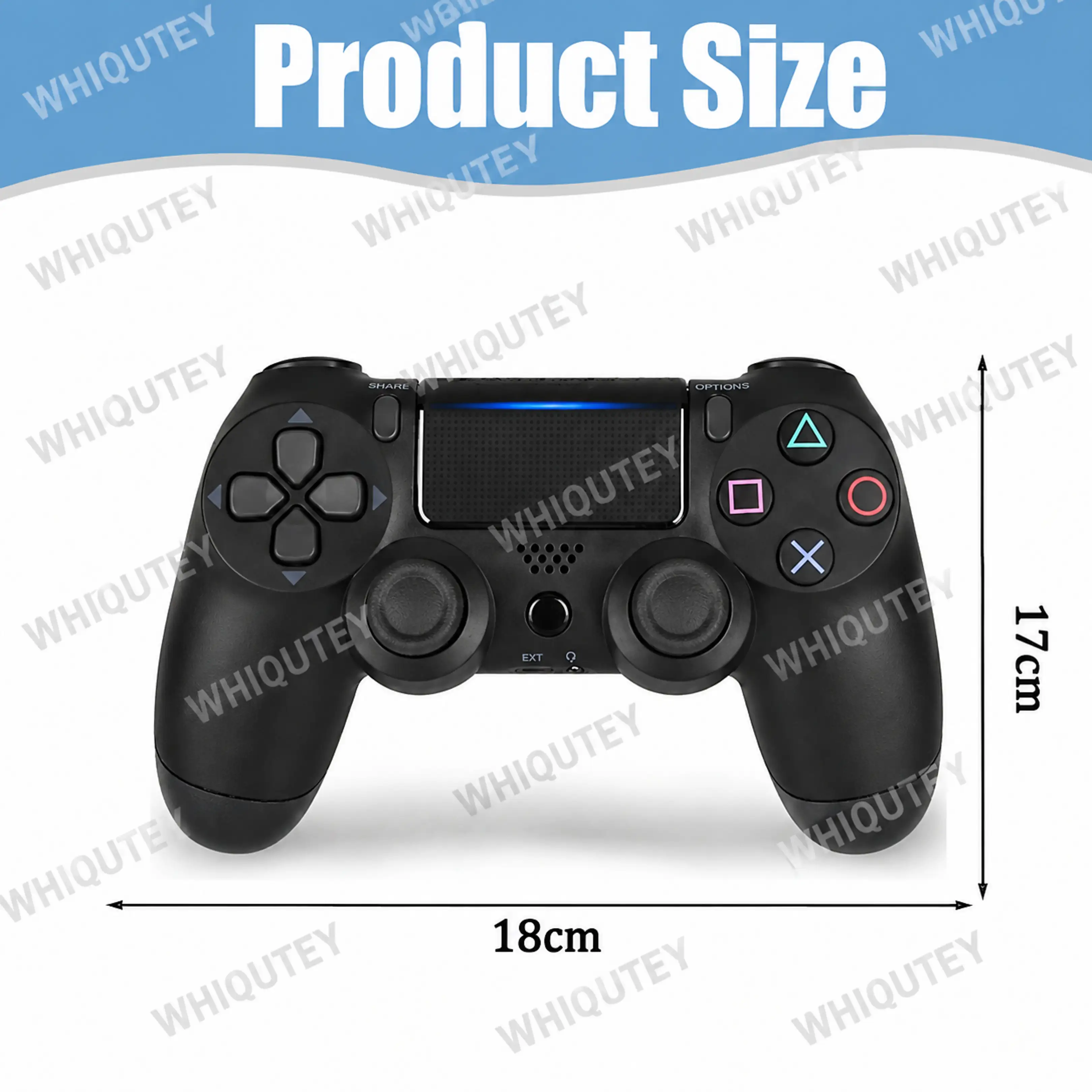 Schwarzer PlayStation 4 Controller mit Maßen von 18 cm Breite und 17 cm Höhe.