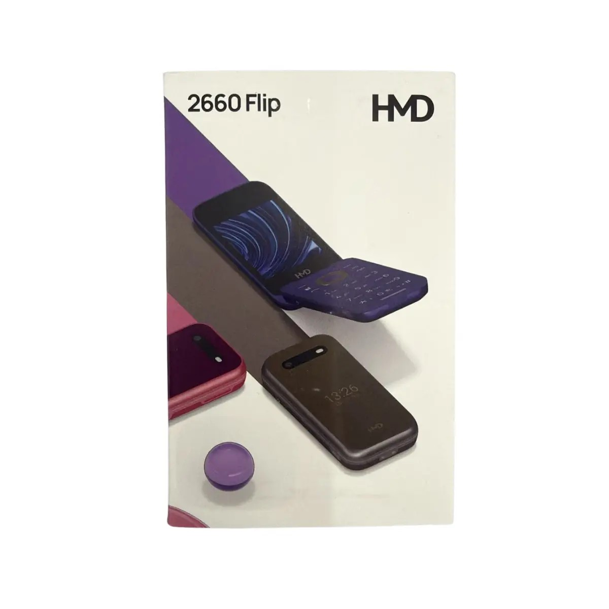 Produktverpackung des HMD 2660 Flip Mobiltelefons in Blau und Schwarz mit bunten Streifen.