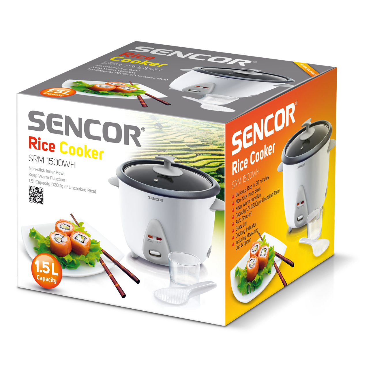 Sencor Reiskocher Karton mit weißem Reiskocher, Messbecher, Löffel und Sushi-Bild.