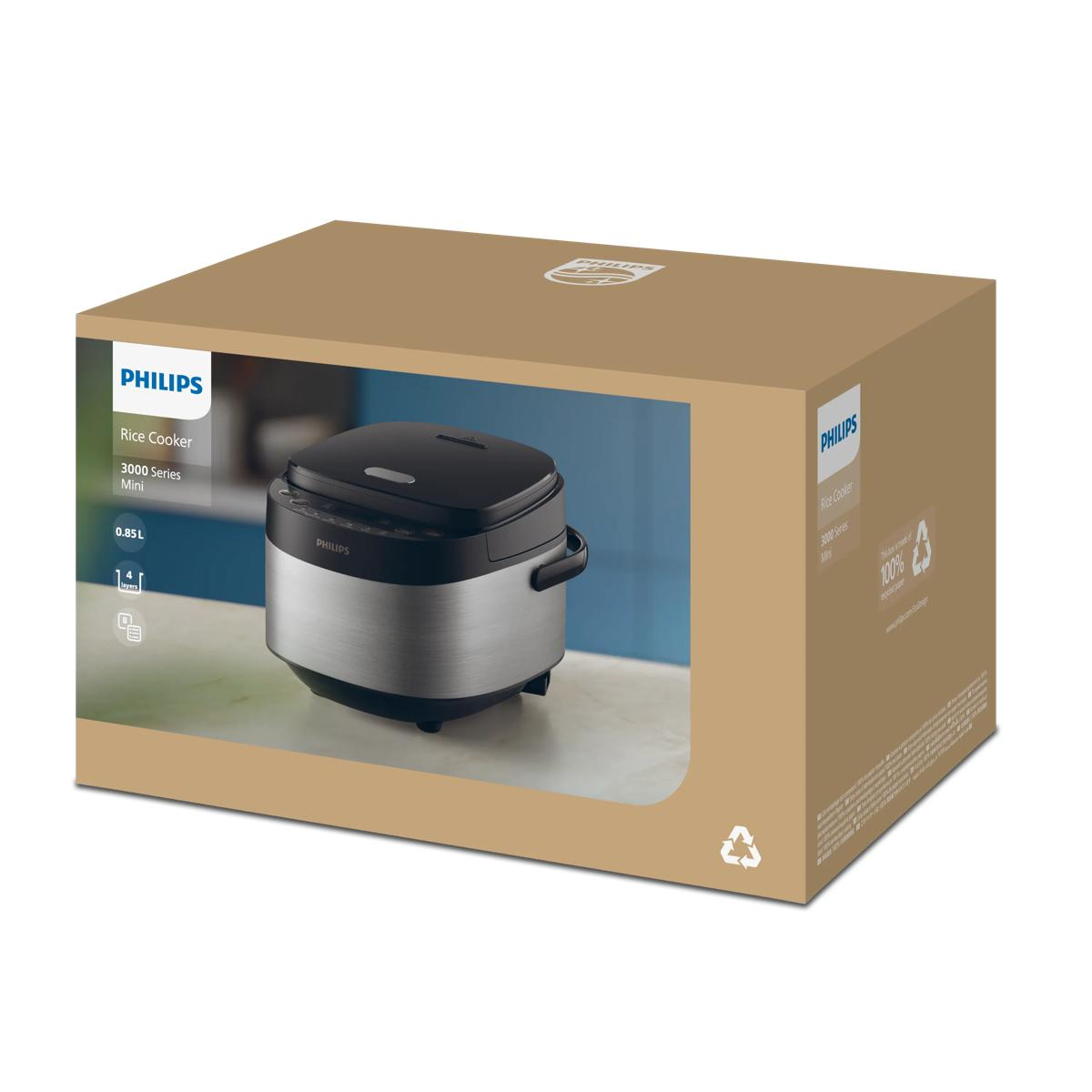 Eine braune Philips-Produktverpackung mit einem Bild eines silber-schwarzen Reiskochers auf einer Küchentheke.