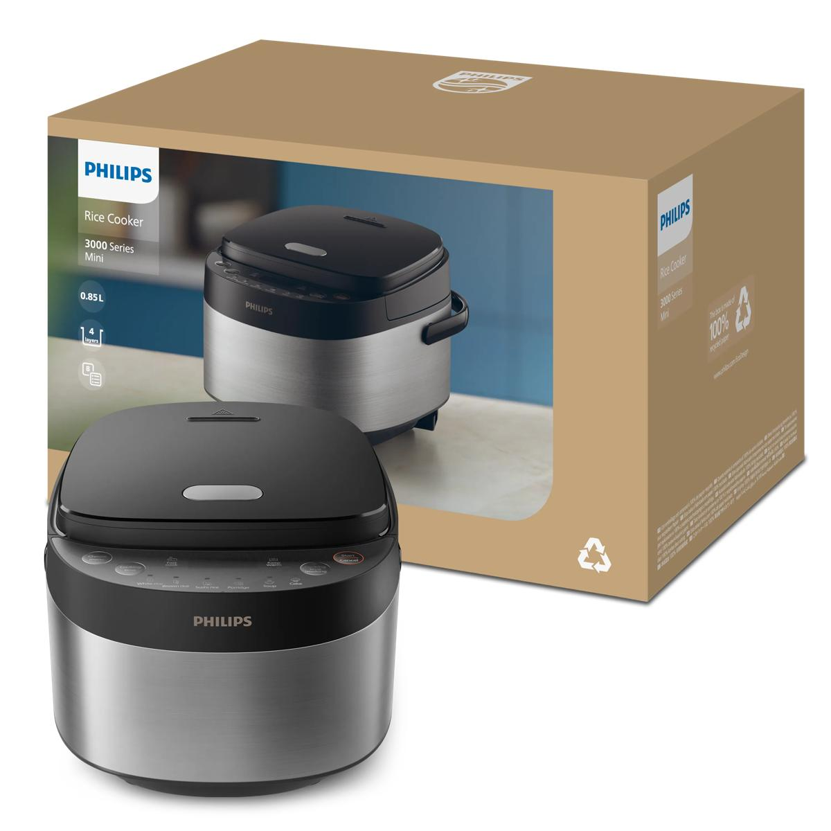 Ein Philips Mini-Reiskocher in Schwarz und Edelstahl vor seiner braunen Verpackung.