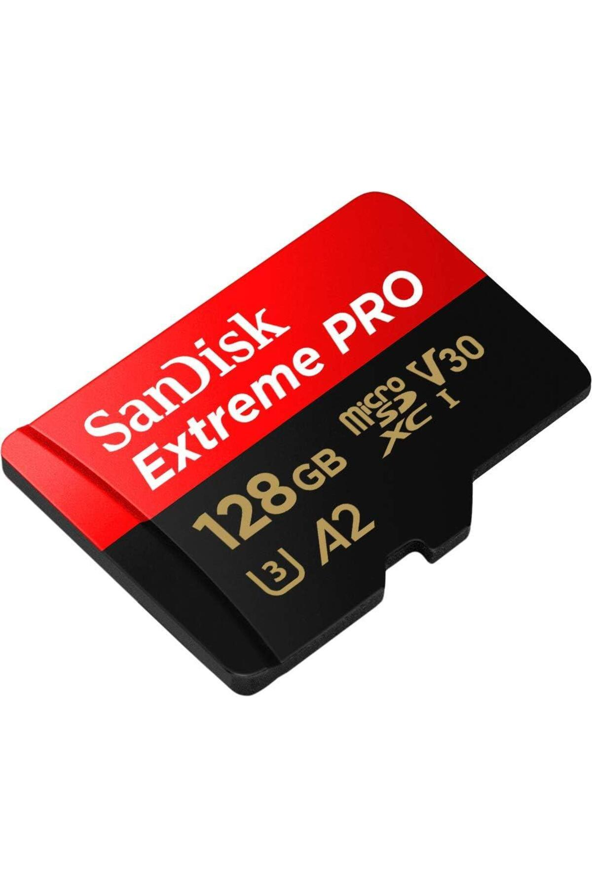 Kırmızı ve siyah renkli SanDisk Extreme PRO 128GB microSDXC hafıza kartı.