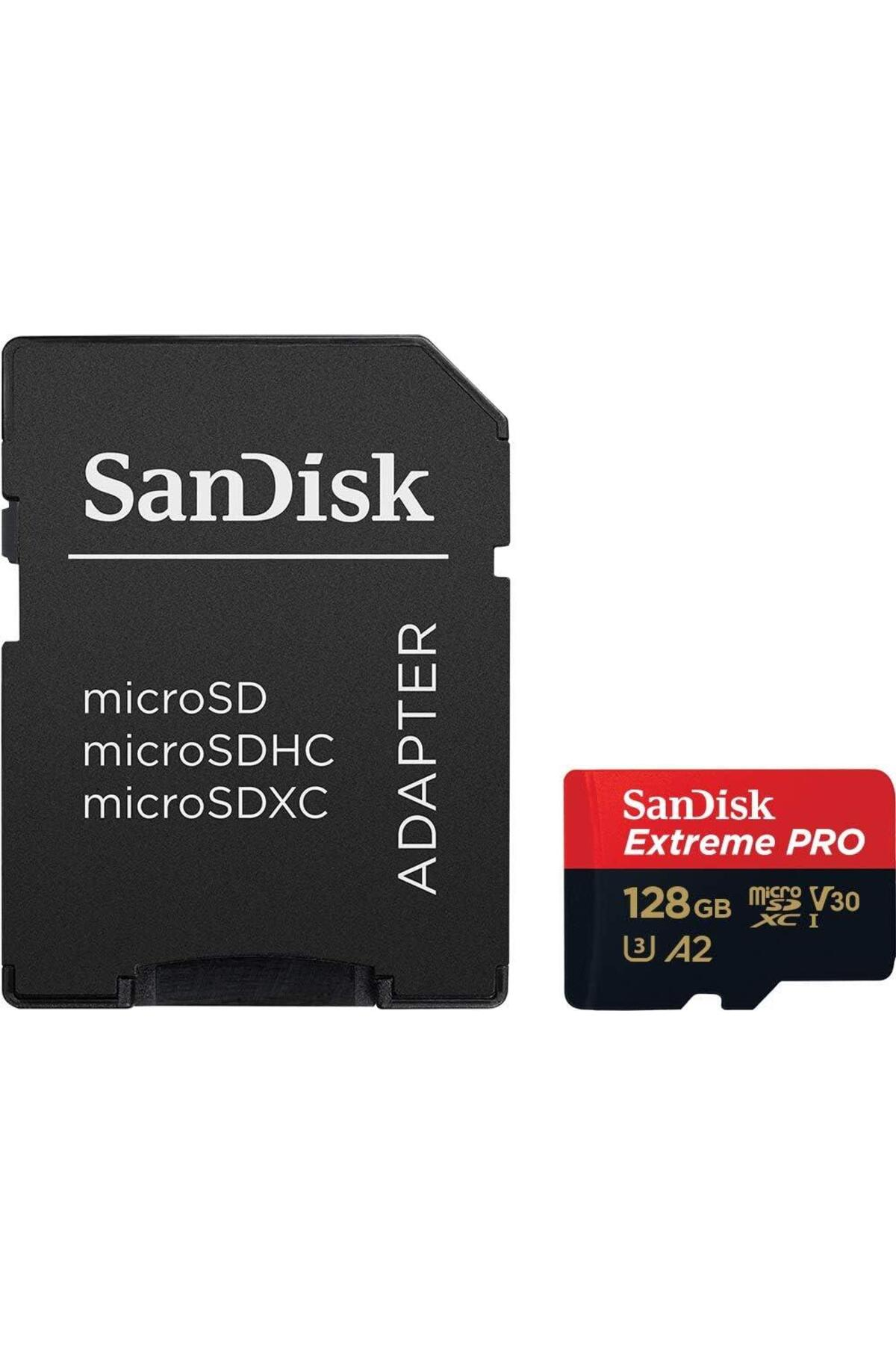 Siyah bir SanDisk SD kart adaptörü ve bir SanDisk Extreme PRO 128GB microSDXC hafıza kartı.