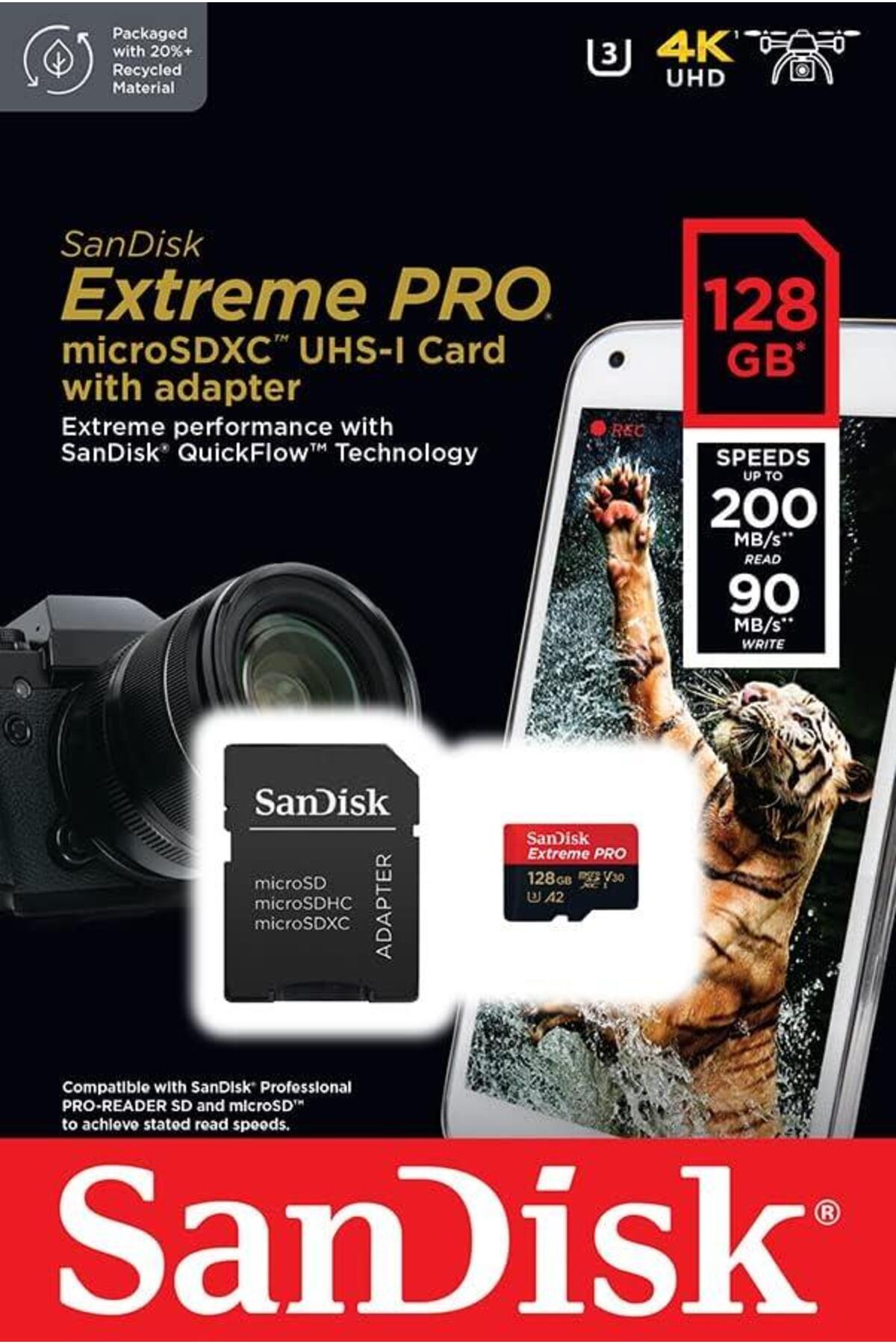 Kamera ve akıllı telefonla gösterilen SanDisk Extreme PRO 128GB microSDXC kart ve adaptör.