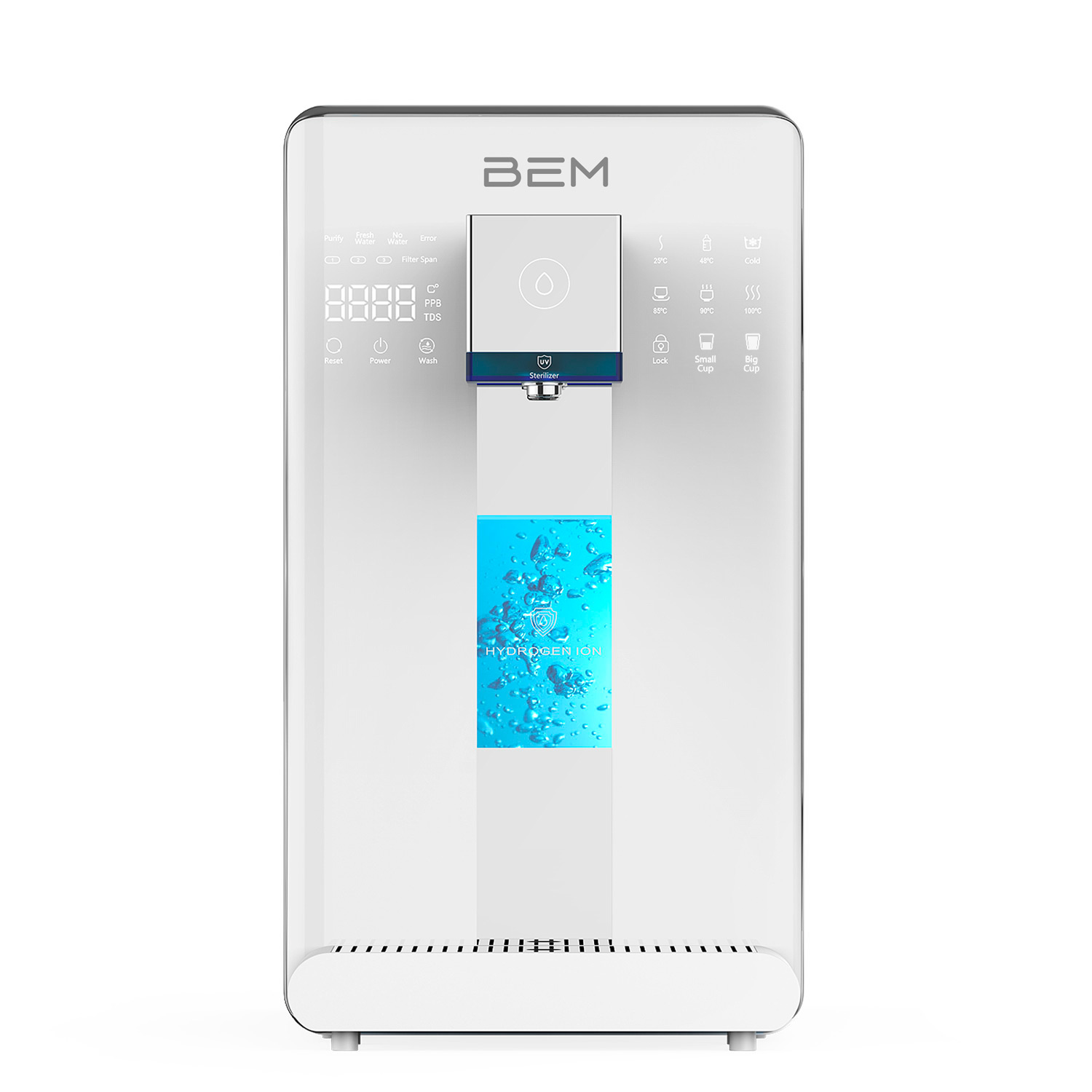 Moderner weißer BEM-Wasserspender mit digitalem Display, UV-Sterilisator und blauer Hydrogenelektrode.