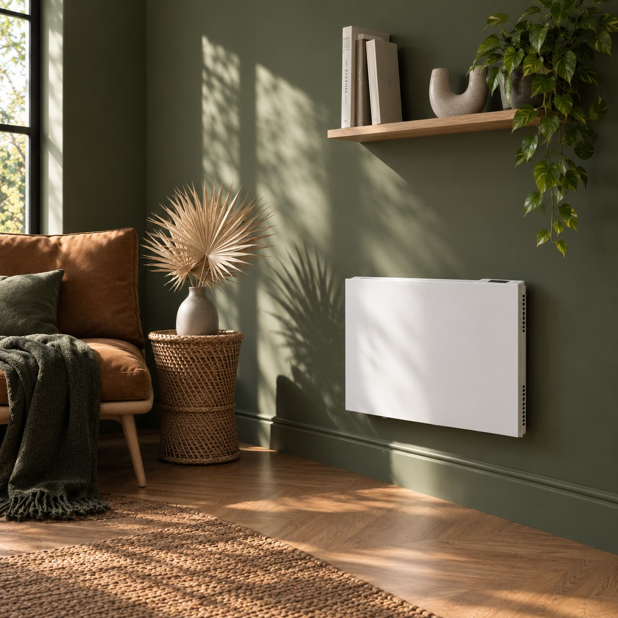 Ein weißer Heizkörper an einer grünen Wand in einem gemütlichen Wohnzimmer mit Holzboden und Sofa.