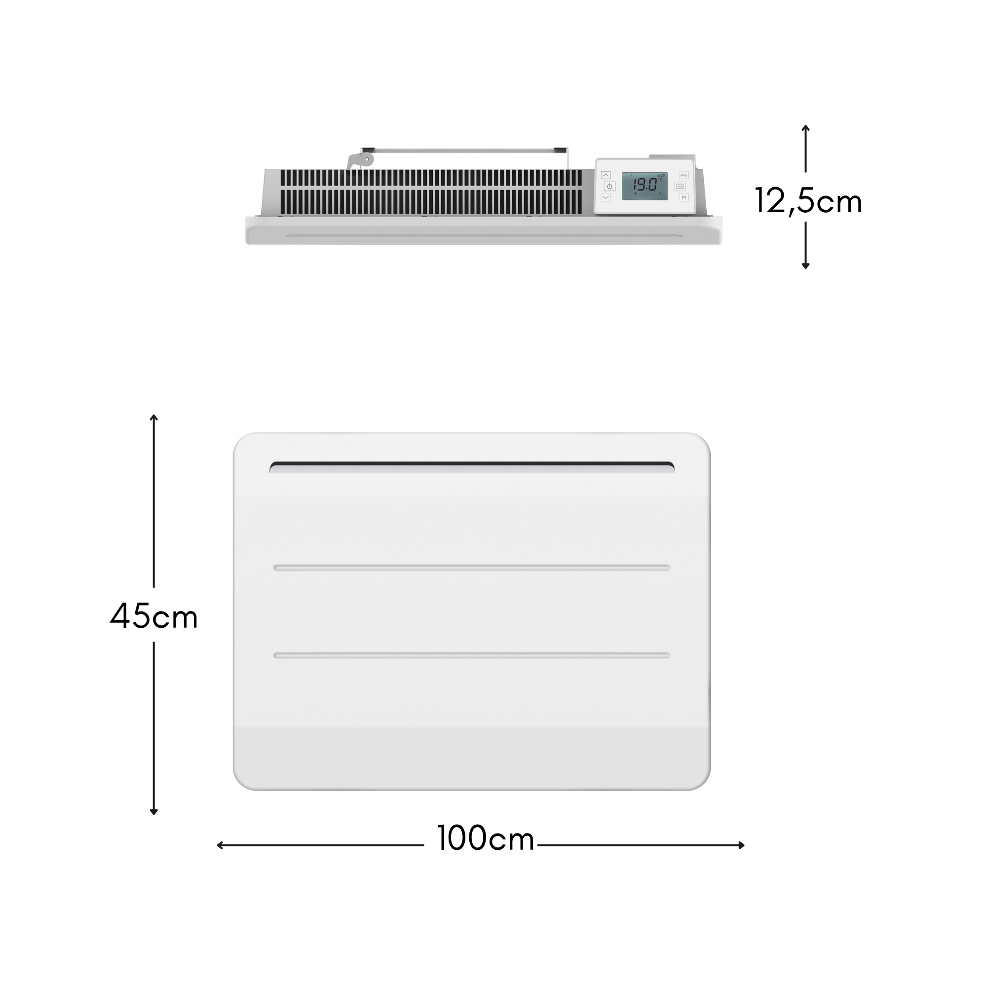Technische Zeichnung mit Ober- und Vorderansicht einer weißen Heizung mit den Maßen 100 cm breit, 45 cm hoch und 12,5 cm tief.