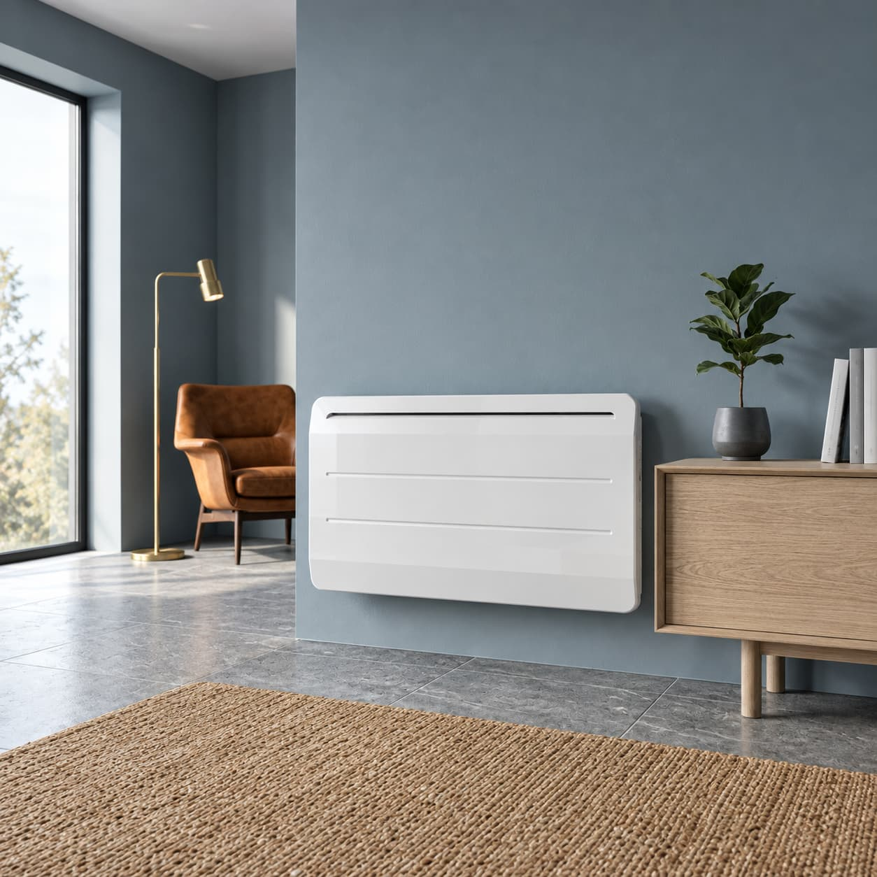 Ein weißer Heizkörper an einer blauen Wand in einem modernen Raum mit Holzmöbeln und Teppich.