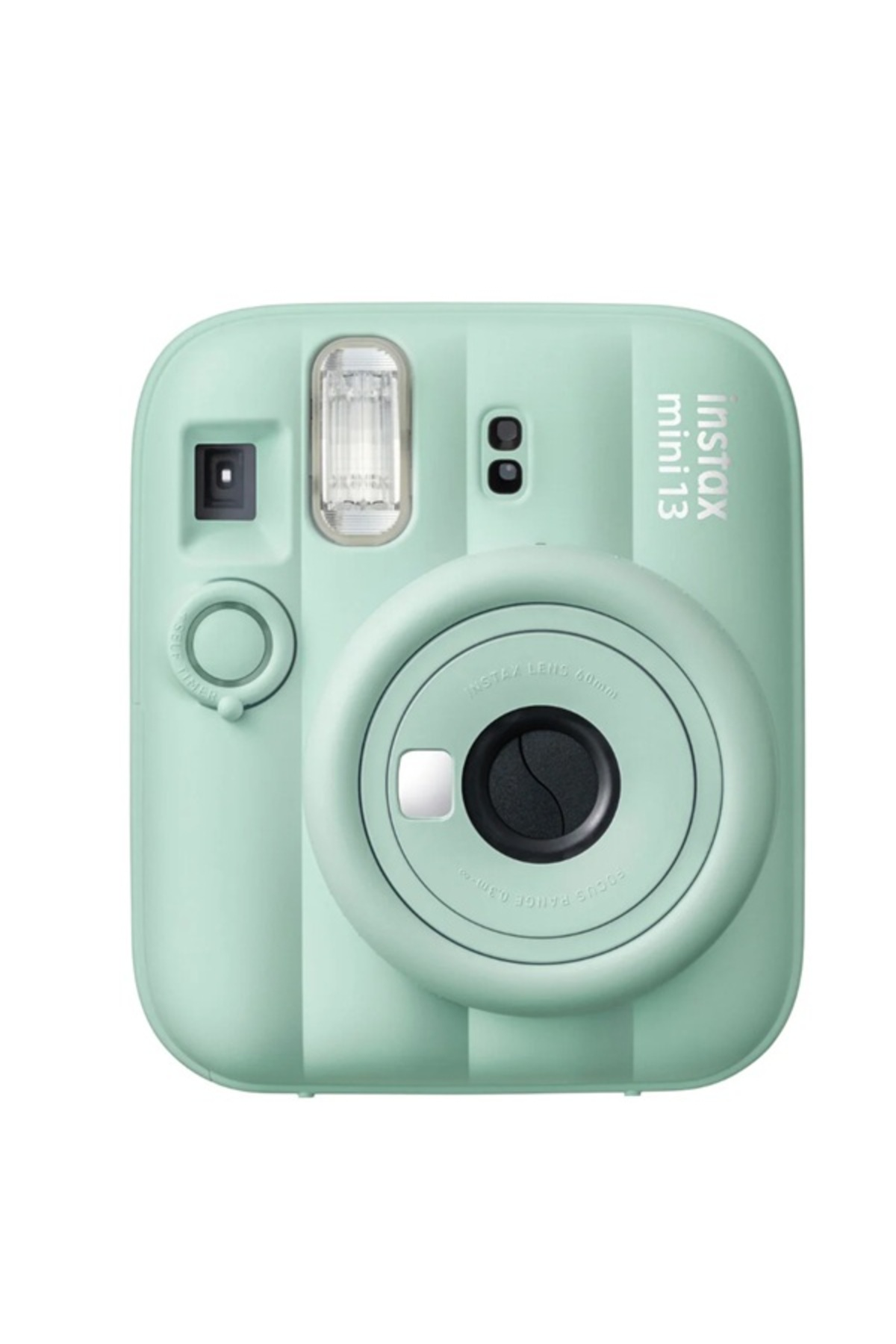 Beyaz arka planda büyük lensli, flaşlı ve vizörlü nane yeşili Instax Mini 13 anlık kamera.
