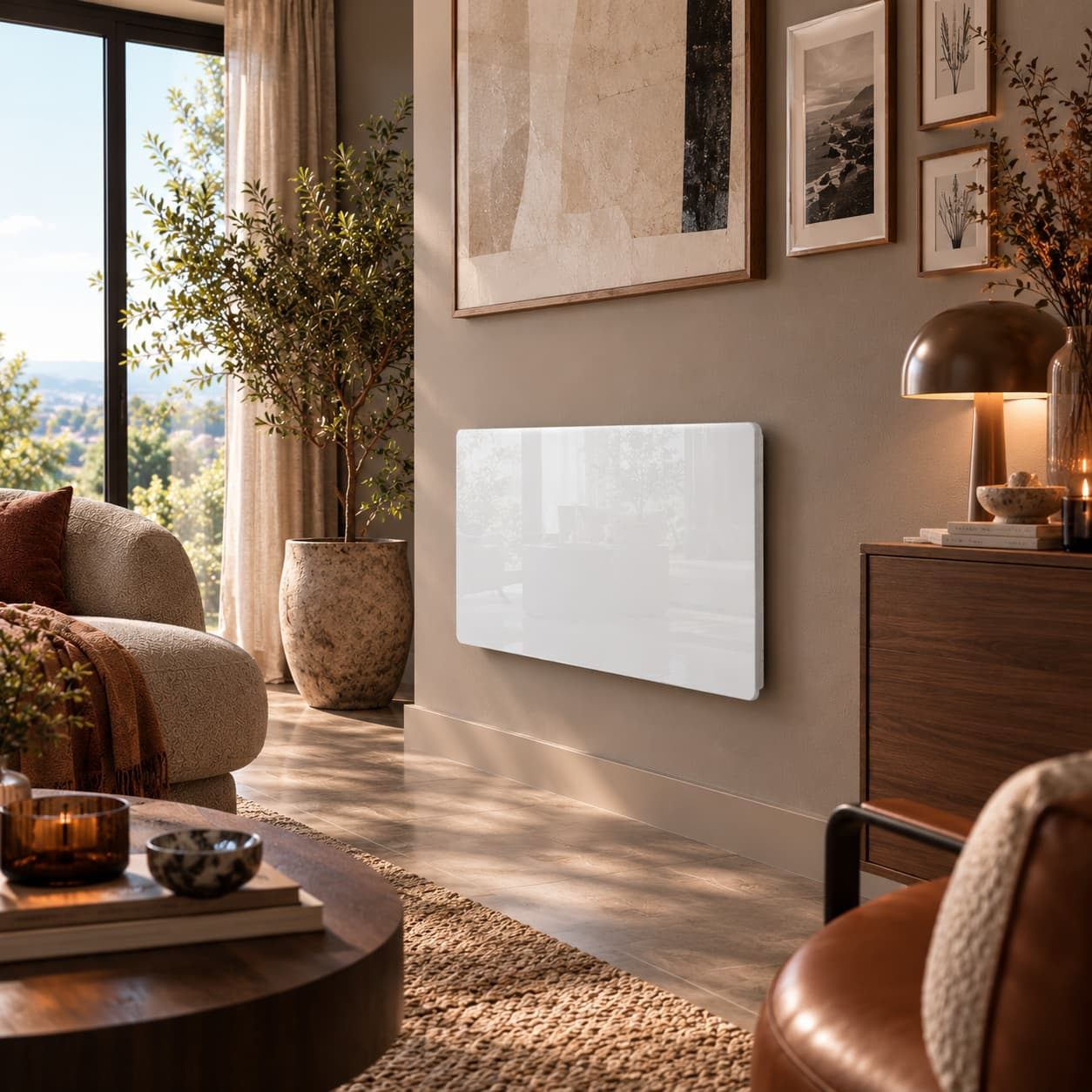 Ein wei ßes Heizpanel an einer beige Wand in einem stilvollen Wohnzimmer mit Pflanzen und Möbeln.