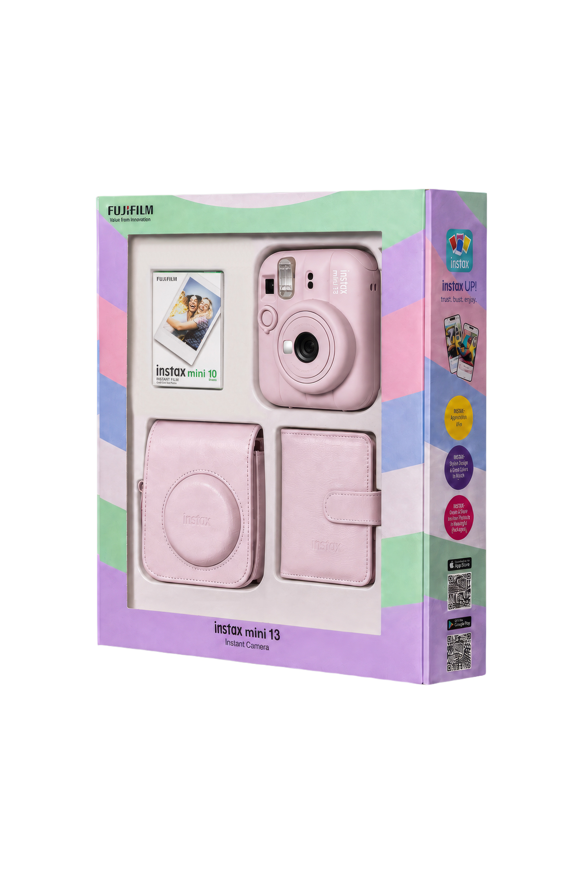Pembe Fujifilm Instax Mini 13 seti; kamera, film, kılıf ve albüm renkli kutuda.