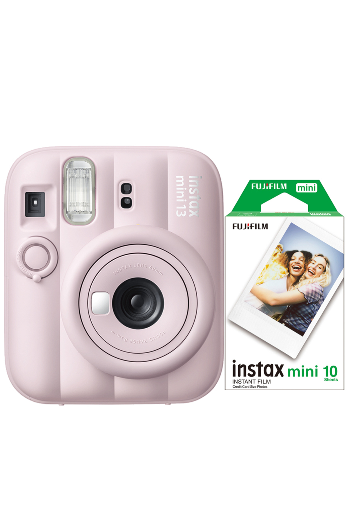 Açık pembe bir Instax mini 13 anlık kamera ve yanında bir kutu Instax mini anlık film.