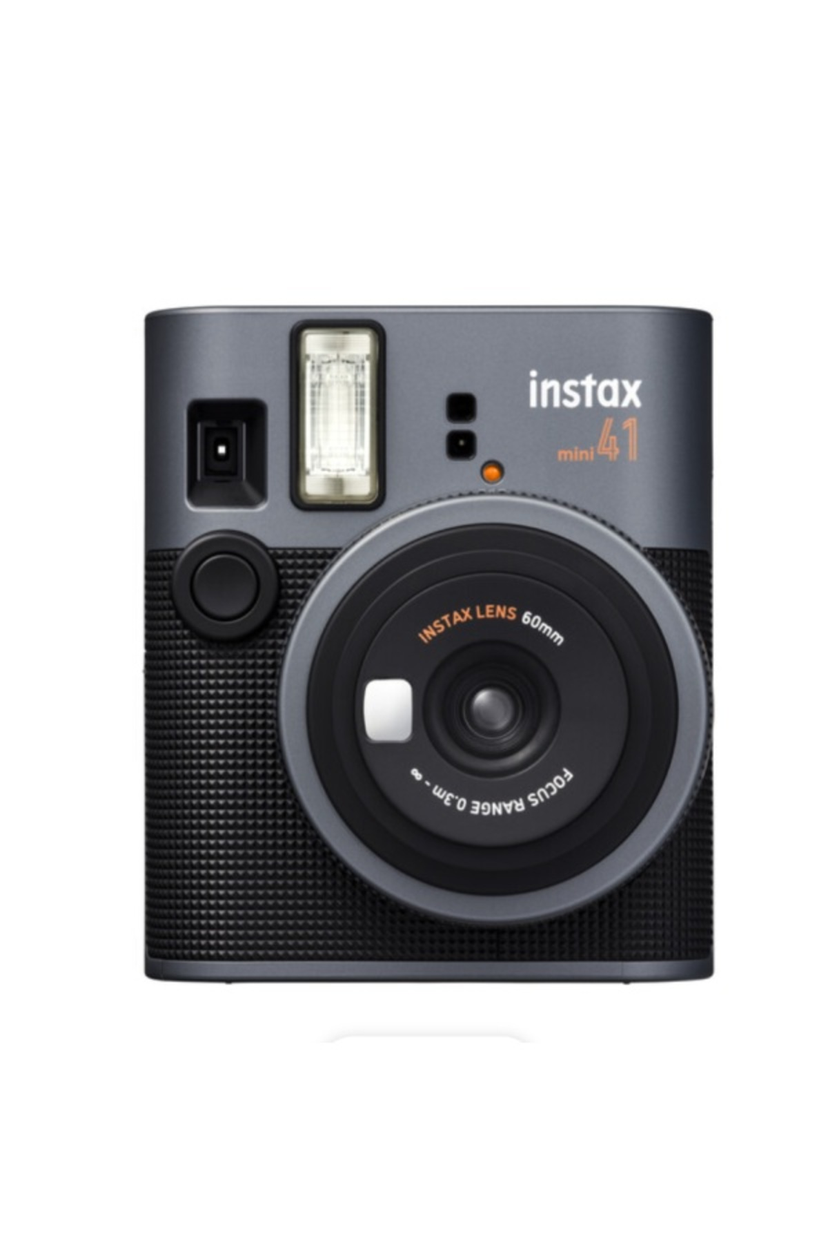 Büyük lensli, flaşlı ve dokulu gövdeli koyu gri Instax Mini 41 anlık kamera.