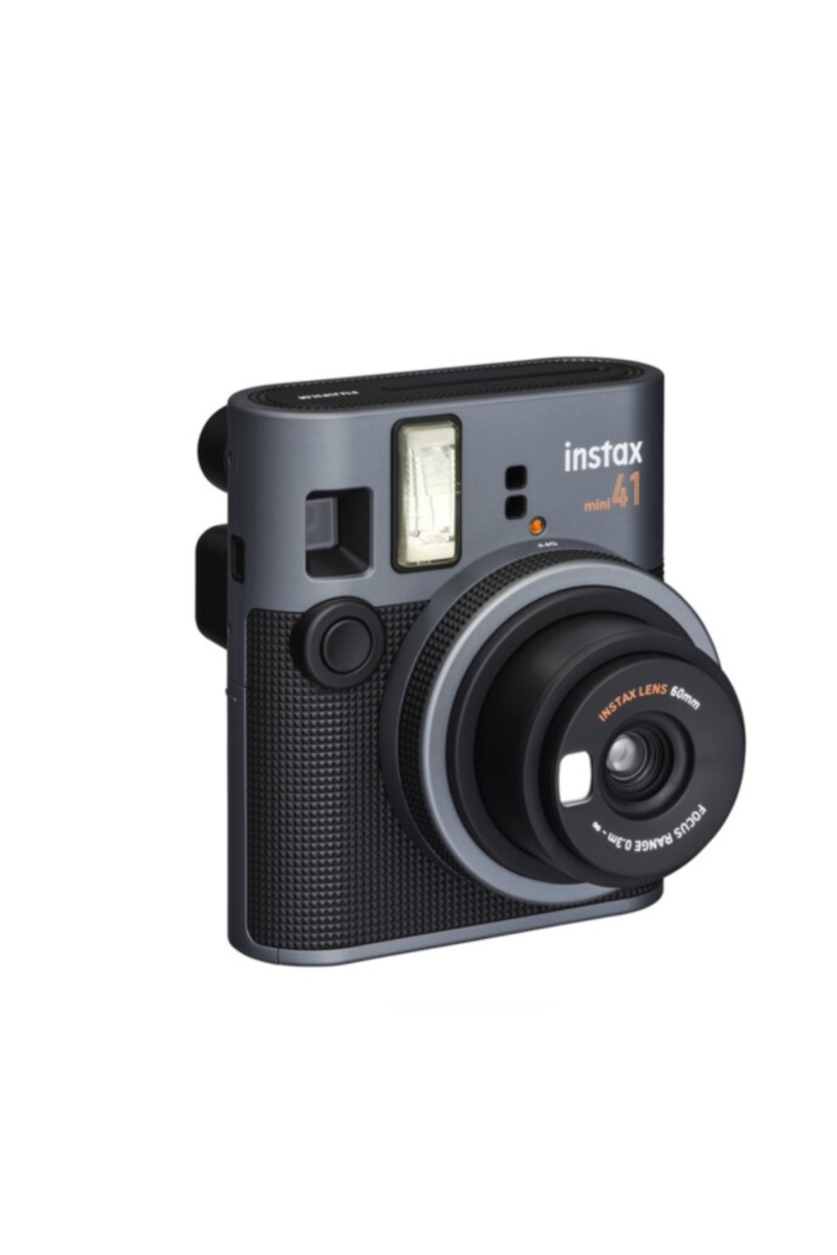 Beyaz arka plan üzerinde koyu gri renkli Instax Mini 41 anlık kamera.