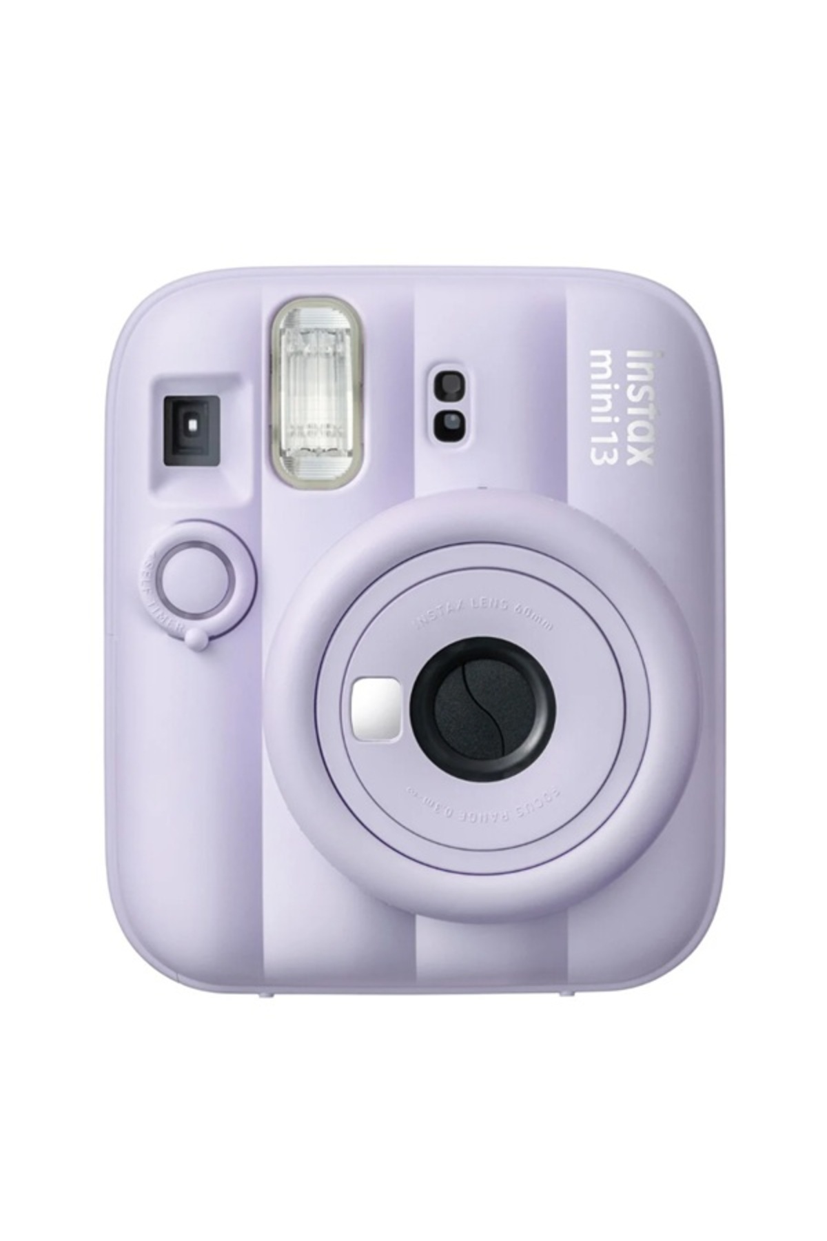 Beyaz arka planda lens, flaş ve vizör içeren lavanta rengi bir Instax Mini 13 anlık kamera.