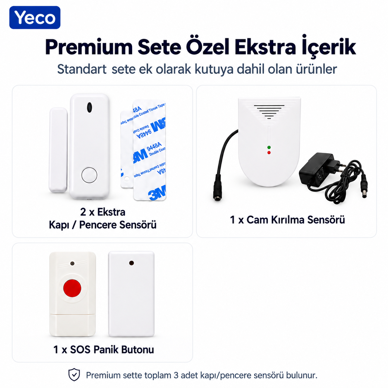 Alarm sistemi için sensörler ve aksesuarlar içeren Yeco ürün genel bakışı.