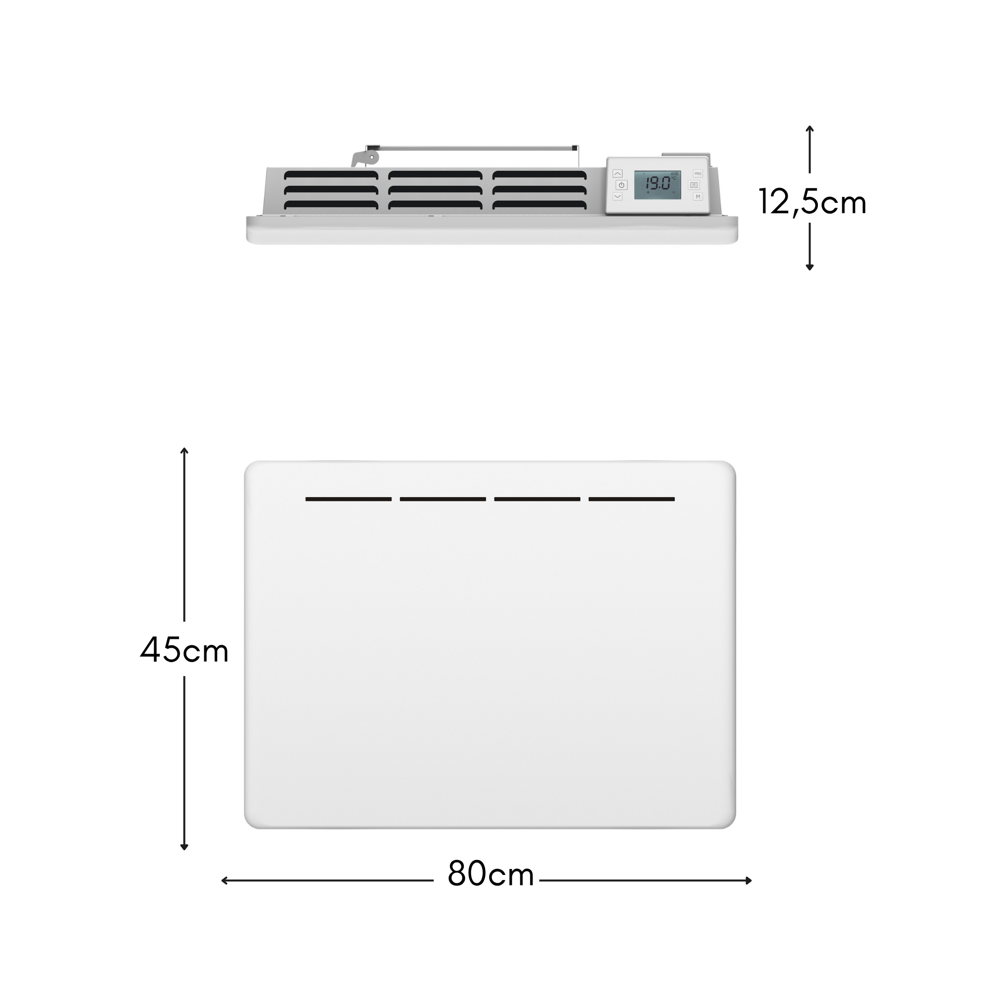 Technische Zeichnung eines weißen Wandheizgeräts mit den Maßen: 80 cm breit, 45 cm hoch und 12,5 cm tief.