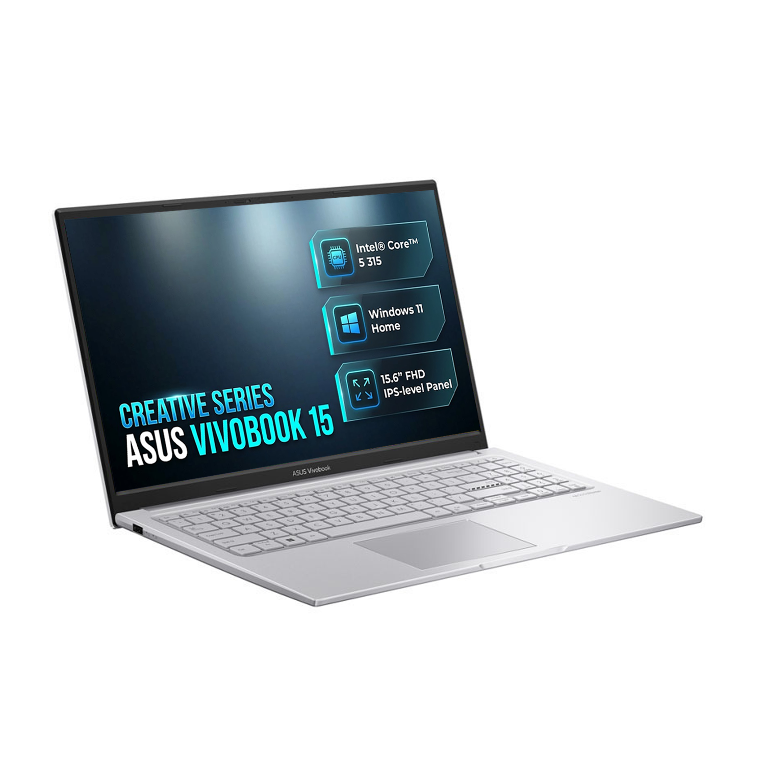 Gümüş renkli Asus Vivobook 15 dizüstü bilgisayar, açık ekran Intel Core i5, Windows 11 ve 15.6 inç ekranı gösteriyor.