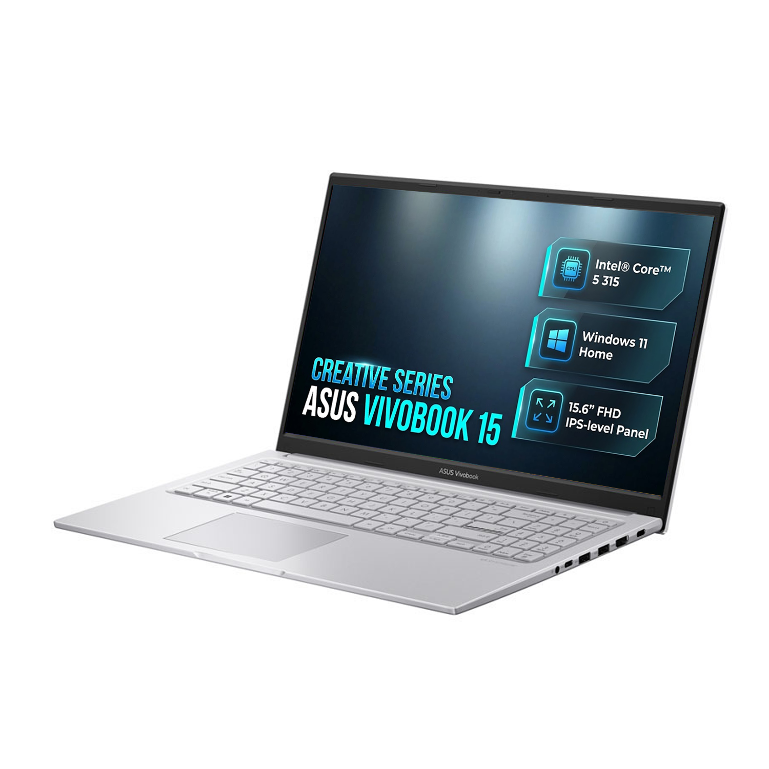 Beyaz arka planda, ekranda teknik özellikleri görünen gümüş renkli ASUS Vivobook 15 dizüstü bilgisayar.