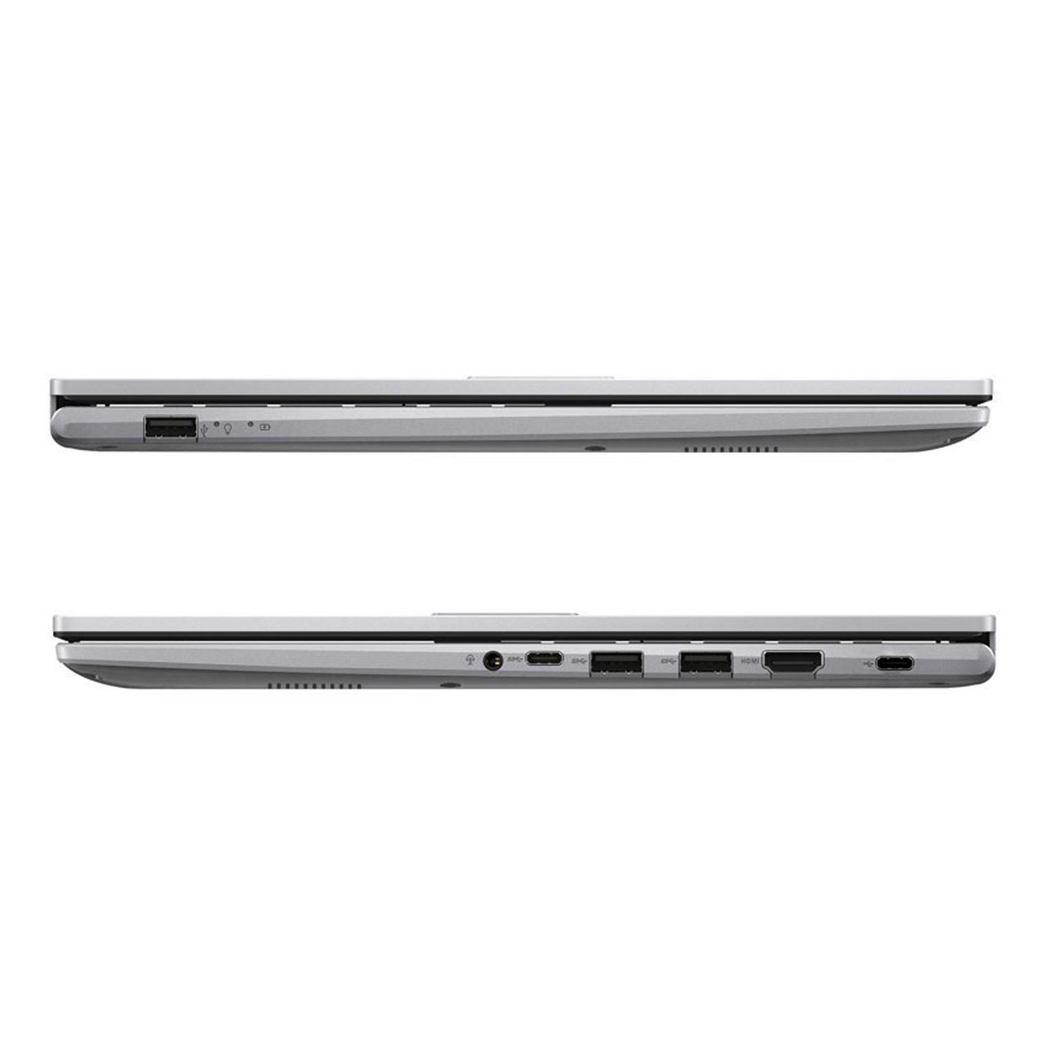 Kapalı gümüş bir dizüstü bilgisayarın yan görünümleri USB ve HDMI gibi çeşitli bağlantı noktalarını gösterir.