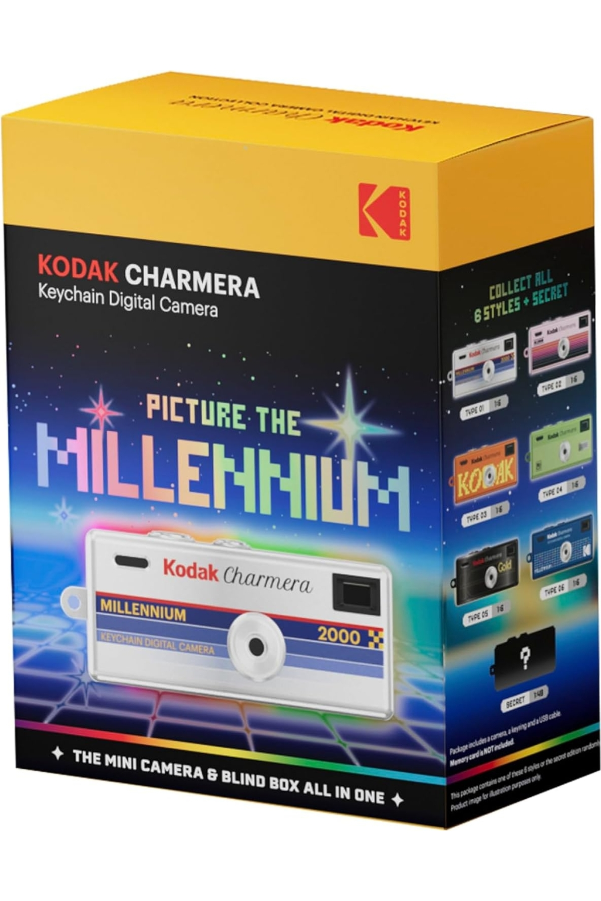 Renkli detaylar ve yıldızlarla süslenmiş Kodak Charmera mini dijital kamera için sarı-siyah kutu.