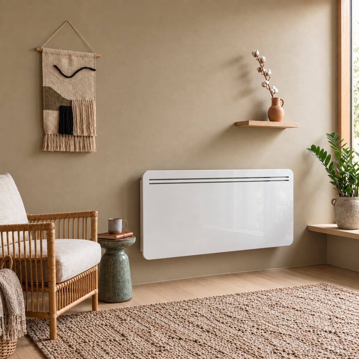 Ein weißer Heizkörper an einer beigen Wand in einem gemütlichen Zimmer mit Rattan-Sessel und Teppich.