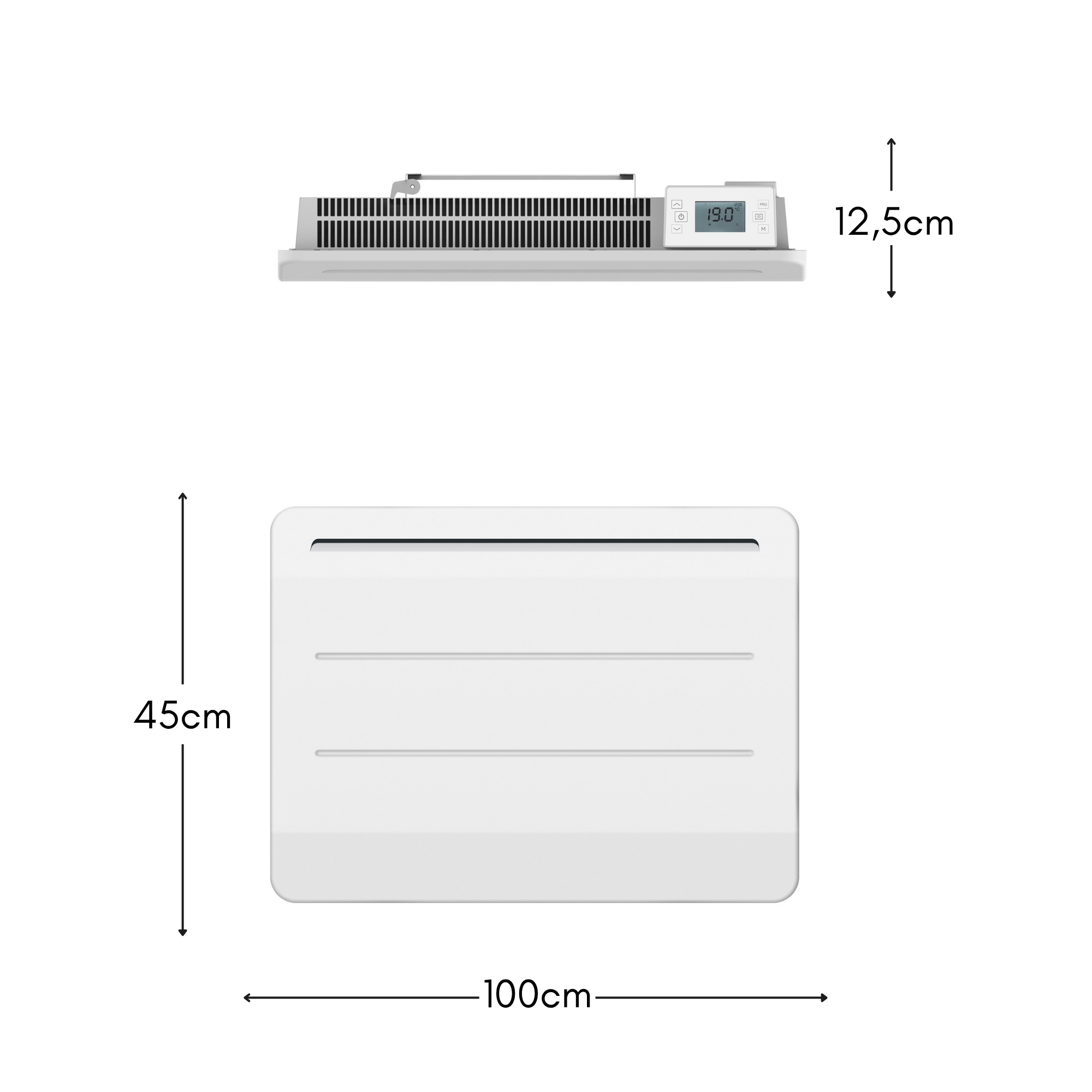 Diagramm eines weißen Heizgeräts mit Maßen von 100cm Breite, 45cm Höhe und 12,5cm Tiefe.