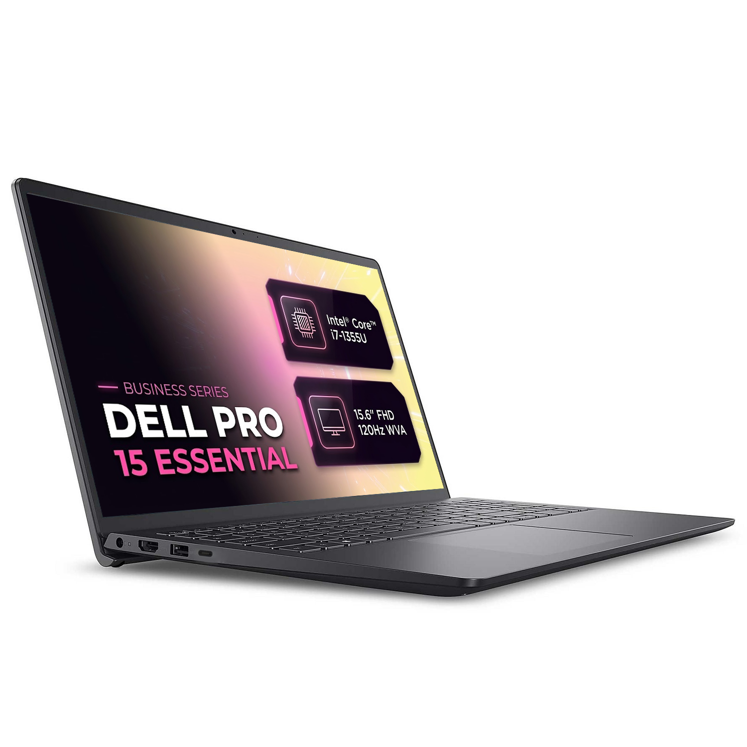 Beyaz arka planda siyah bir Dell Pro 15 dizüstü bilgisayar, Dell Pro 15 Essential metni ve işlemci detayları.