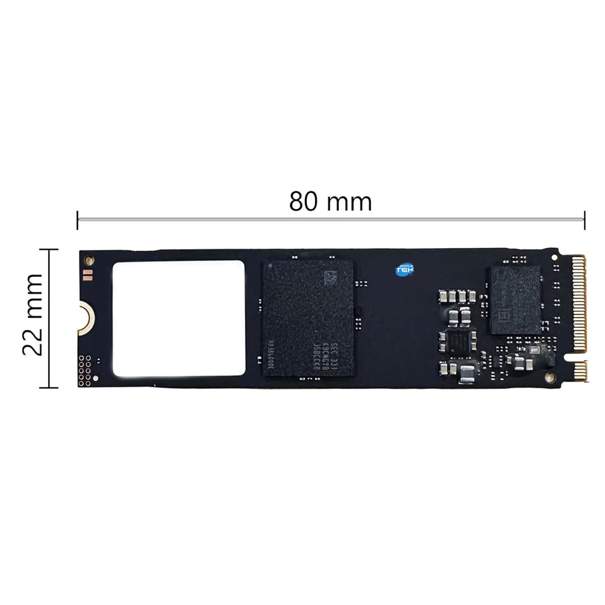 SSD nero che misura 80 mm di lunghezza e 22 mm di larghezza, con vari chip e connettori.