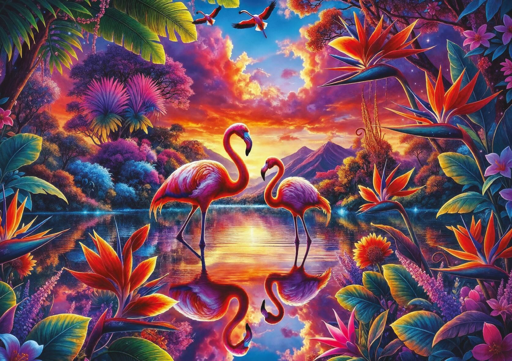 İki flamingo, gün batımında canlı, renkli bir gölde duruyor, tropikal çiçeklerle çevrili.