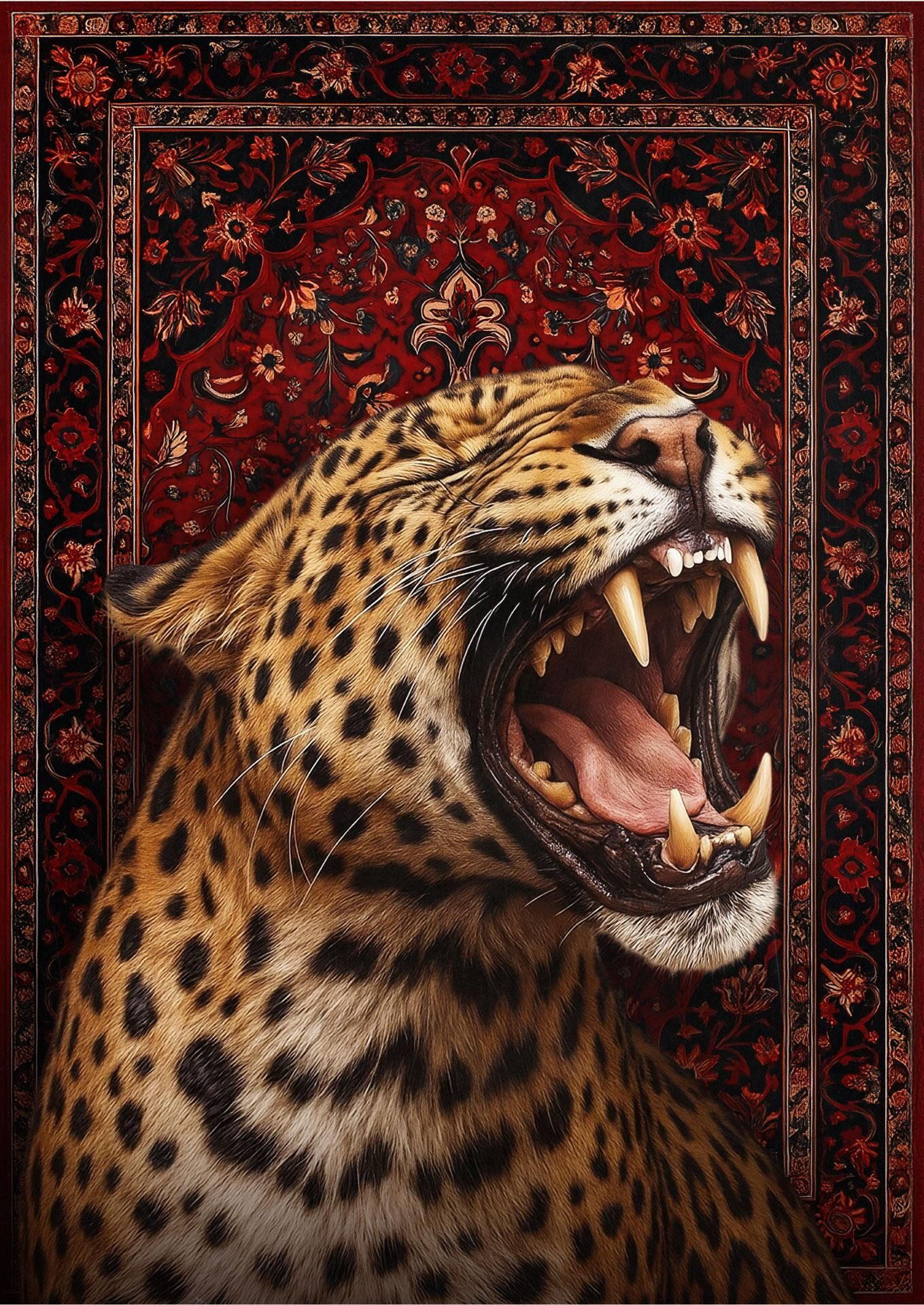 Kırmızı desenli halı zemin önünde dişlerini gösteren kükreyen leopar.