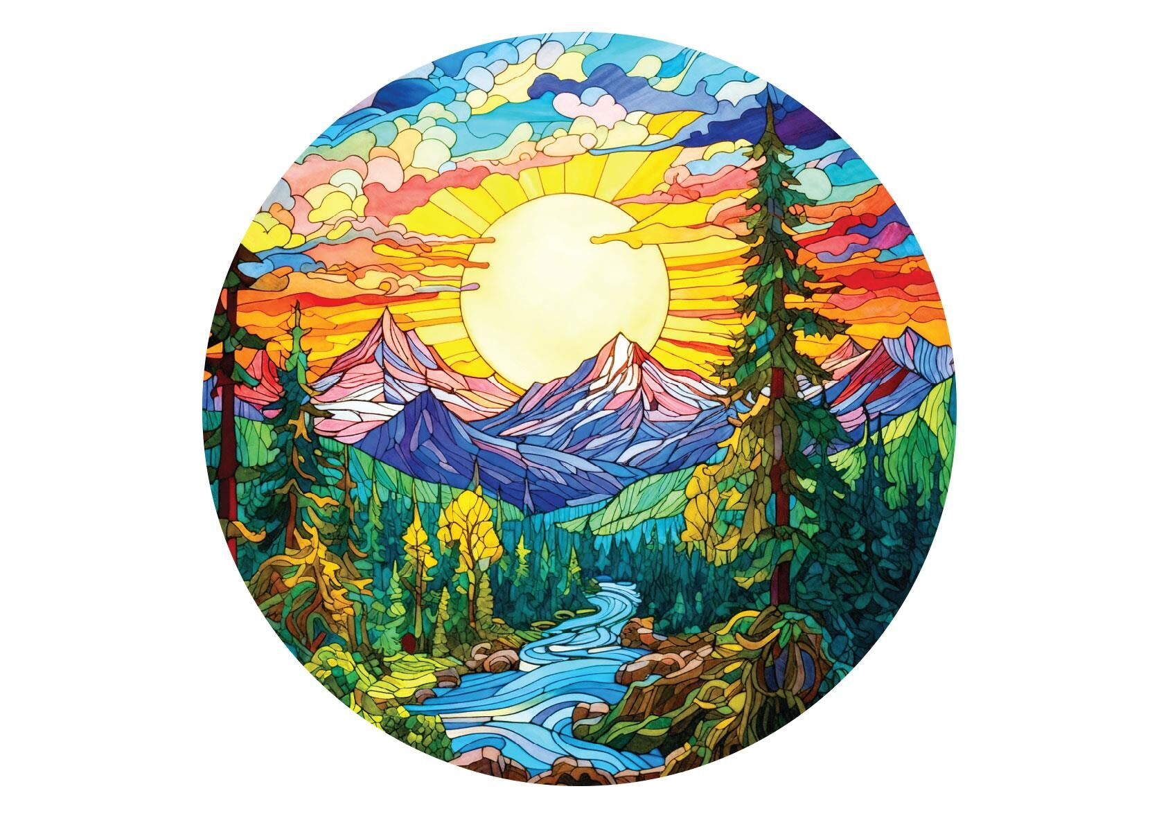Gün batımında dağlar, nehir ve çam ağaçları vitray sanatı.