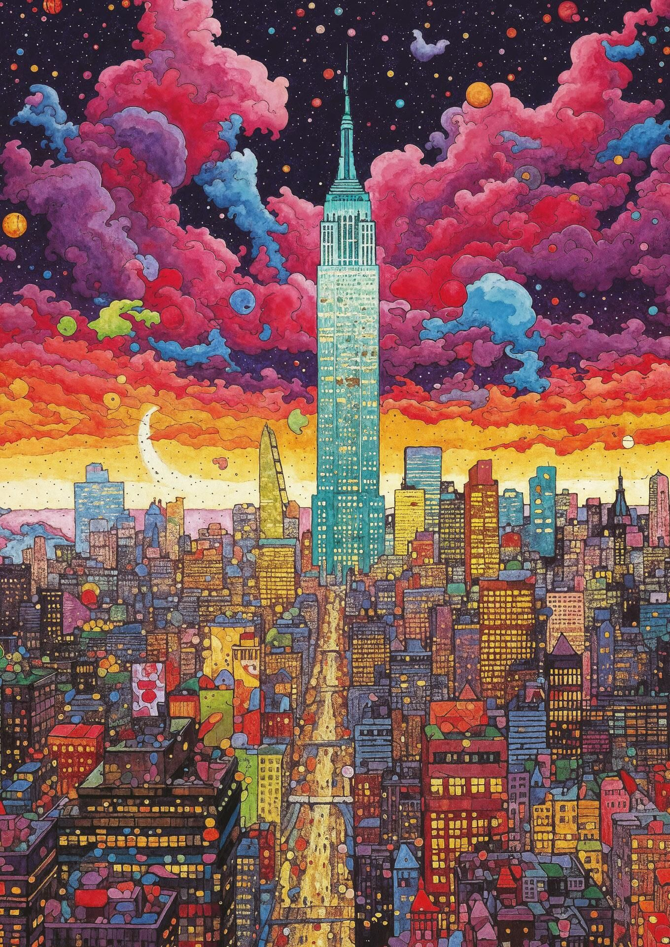 Geceleri parlayan bir kule ve yıldızlı, canlı bir gökyüzü ile New York silüetinin renkli bir resmi.