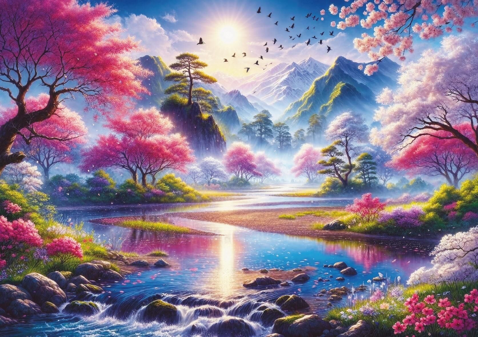 Pembe çiçek açan ağaçlar, kıvrımlı bir nehir ve arka planda karlı dağlarla güzel bir ilkbahar manzarası.