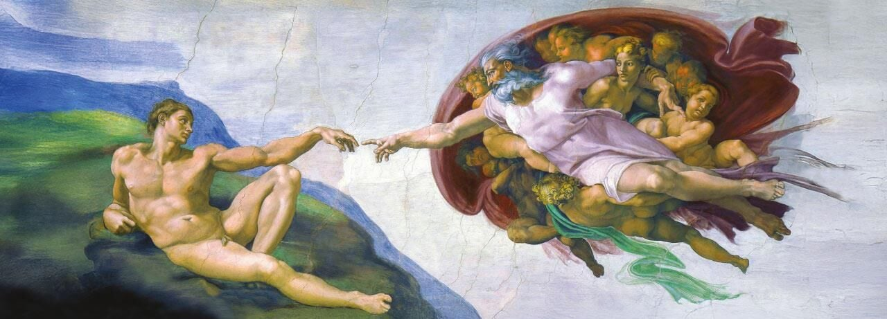 Michelangelo'nun Tanrı'nın sarmal bir pelerin içindeki figürler arasında Adem'in parmağına uzand ığı tablosu.