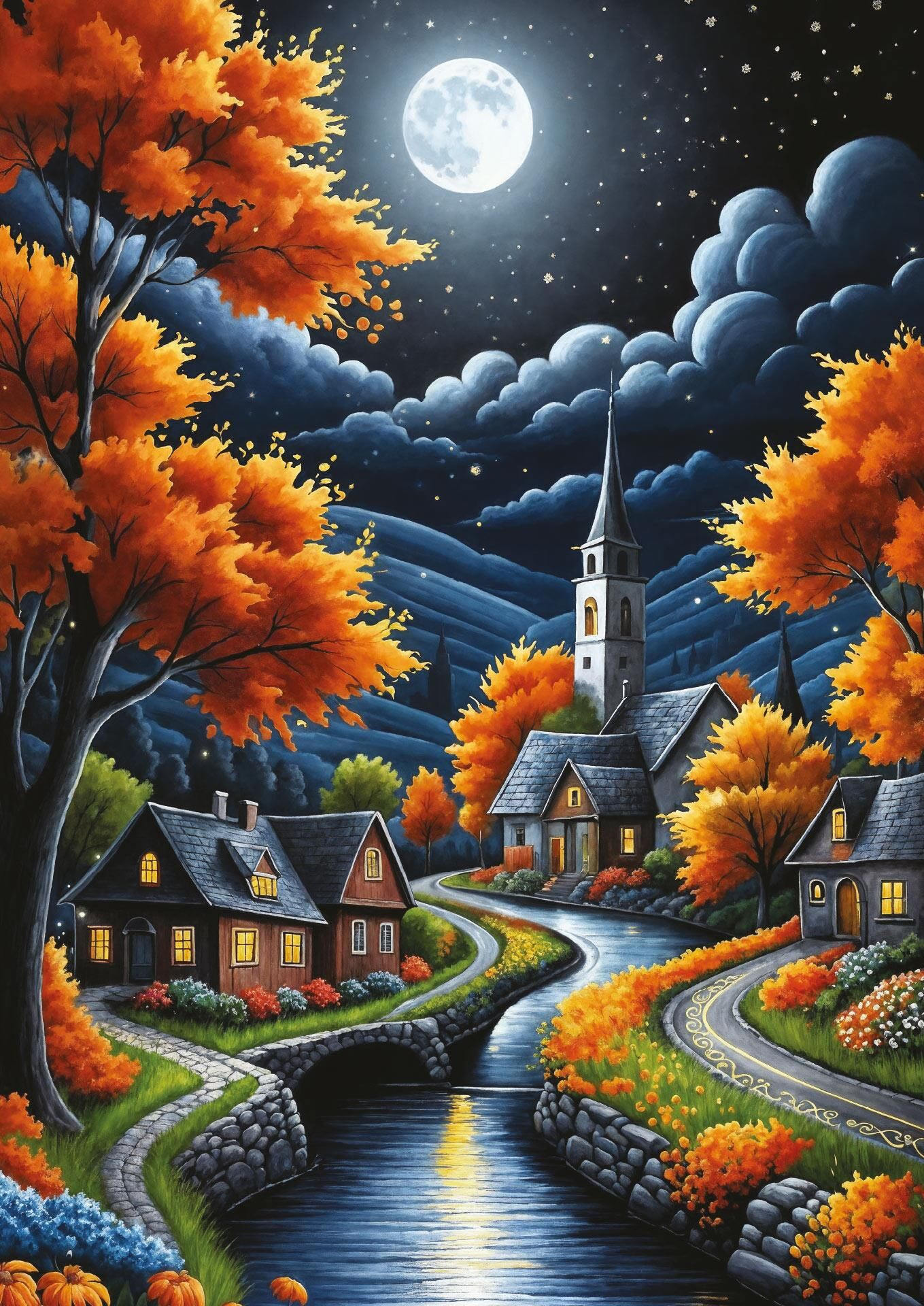 Sonbahar ağaçları, kıvrılan nehir ve karanlık bulutlar arasından parlayan dolunayla sakin bir gece köyü.