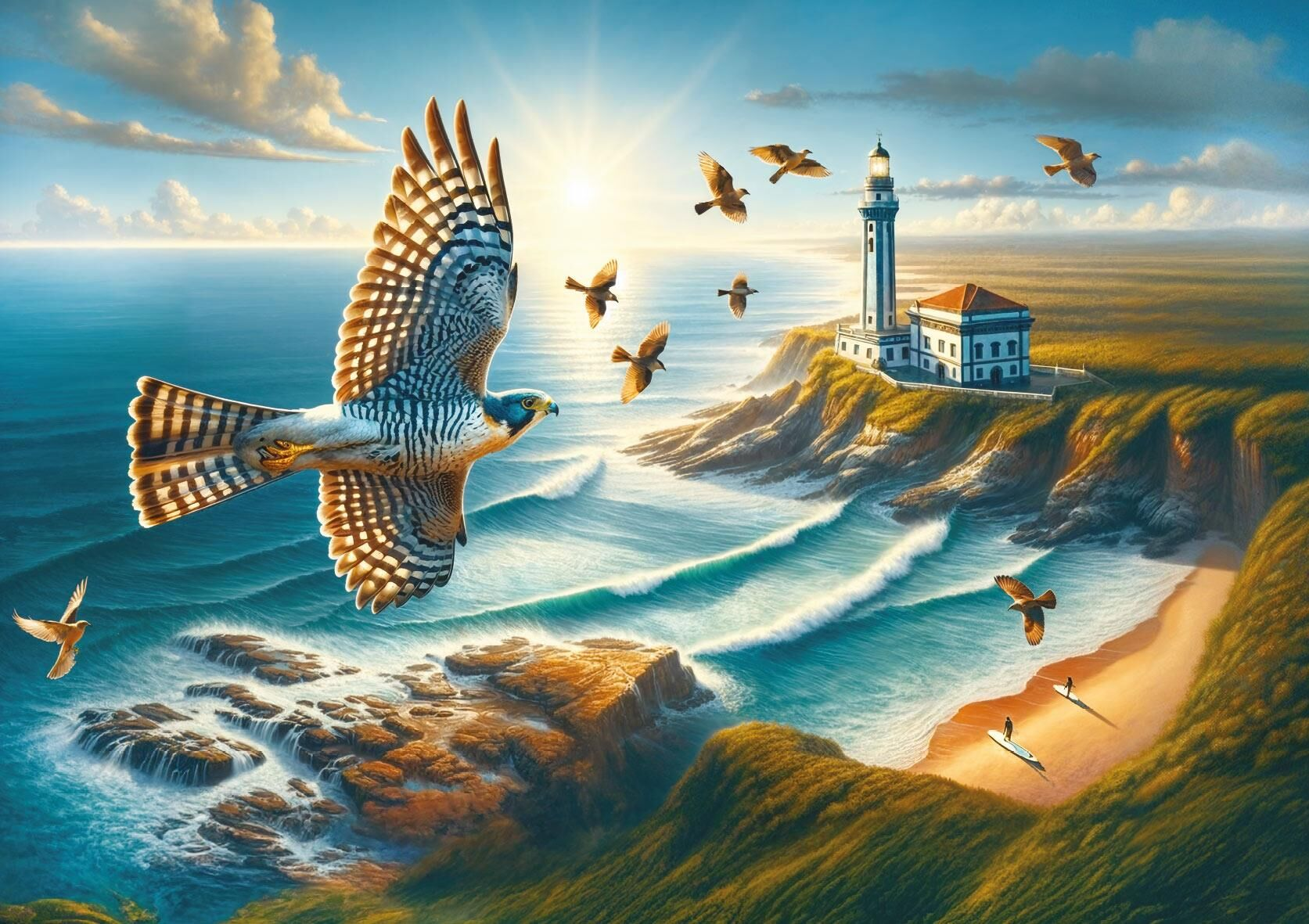 Dalgalı ve güneşli bir sahil manzarasında uçan bir şahin, uzakta bir deniz feneri ve kuşlar.