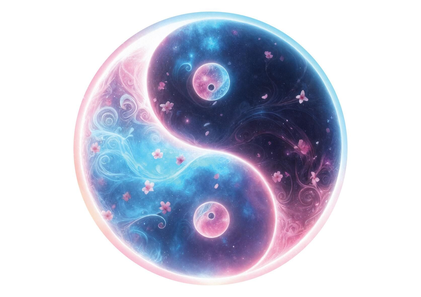 Mavi ve pembe tonlarında galaksiler, kozmik bulutsular ve pembe çiçek yaprakları içeren bir yin-yang sembolü.