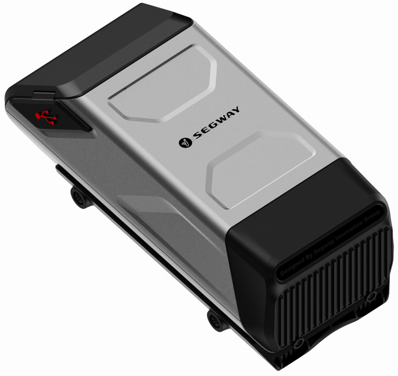 Una batteria Segway argento e nera con logo su sfondo bianco.